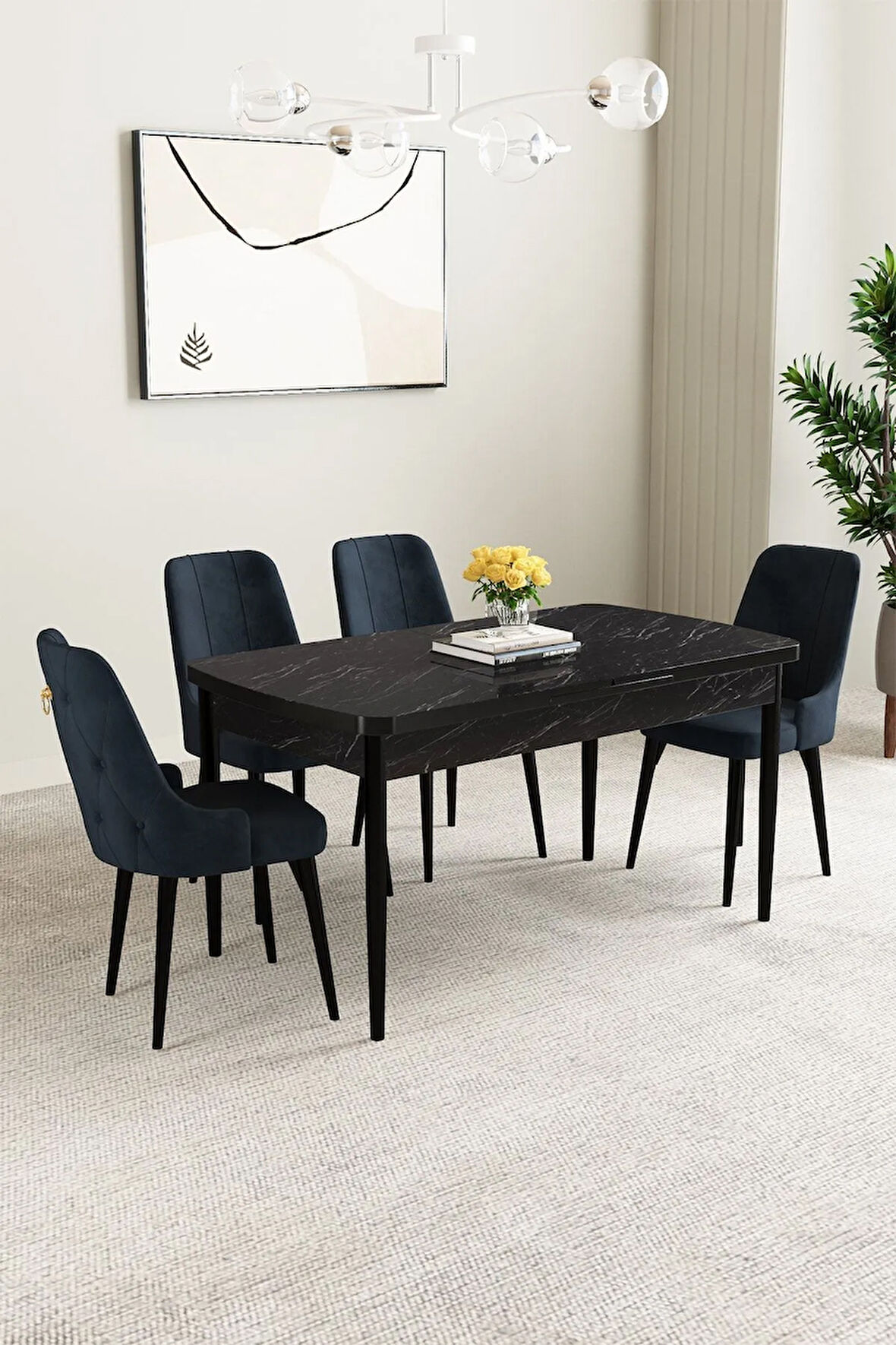 Calvin Siyah Mermer Desen 80x132 MDF Açılabilir Mutfak Masası Takımı 4 Sandalye, 1 Bench