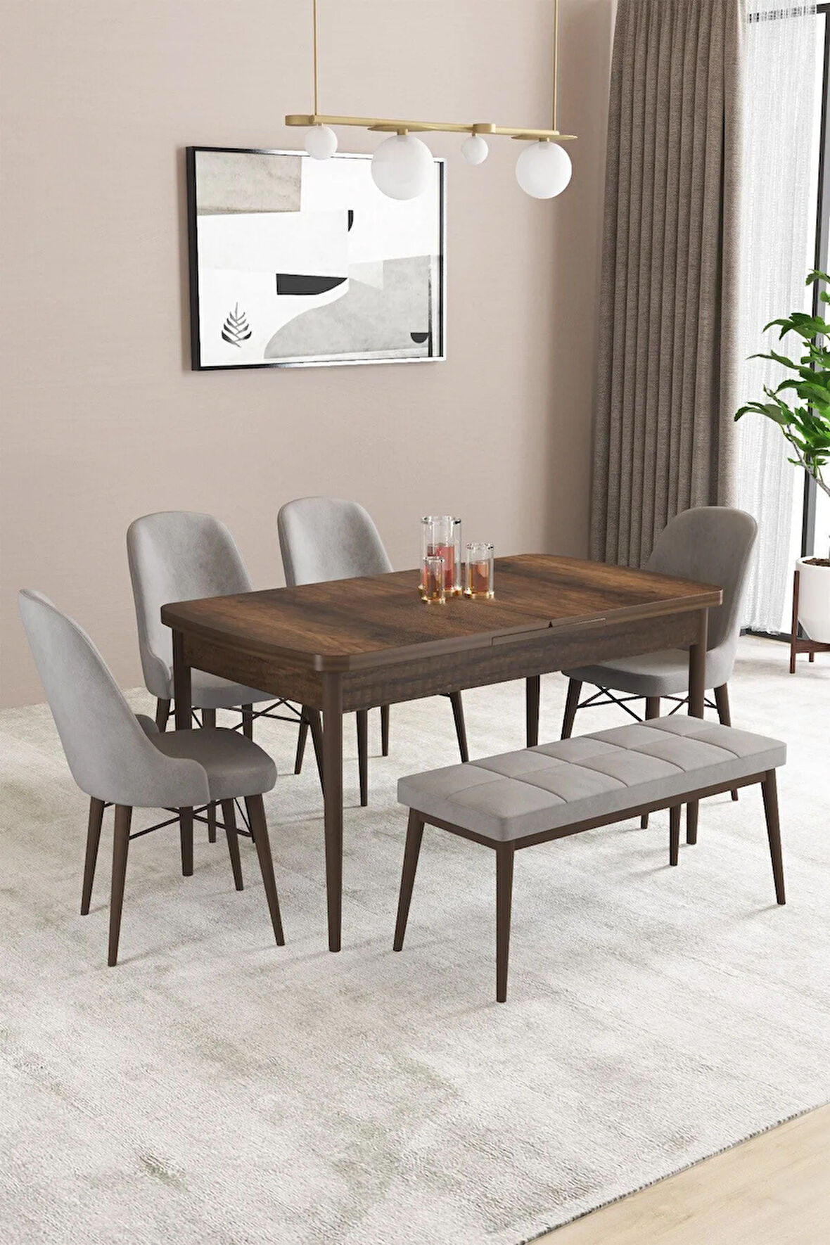 Fonza Barok 80x132 MDF Açılabilir Mutfak Masası Takımı 4 Sandalye , 1 Bench