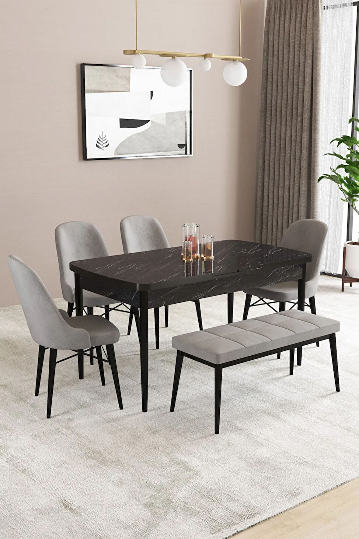 Fonza Siyah Mermer Desen 80x132 MDF Açılabilir Mutfak Masası Takımı 4 Sandalye , 1 Bench