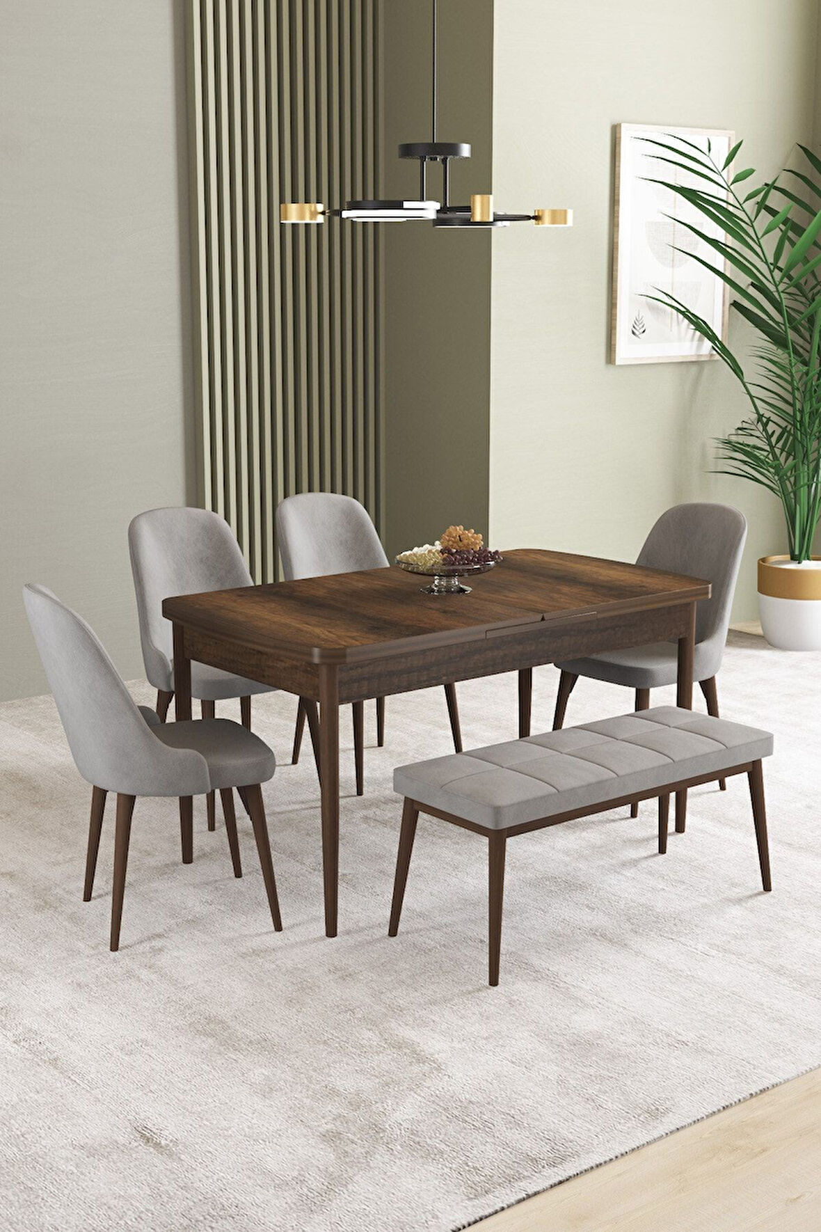 Ikon Barok Desen 80x132 Açılabilir Mdf Masa Yemek Odası Takımı, Mutfak Takımı 4 Sandalye, 1 Bench