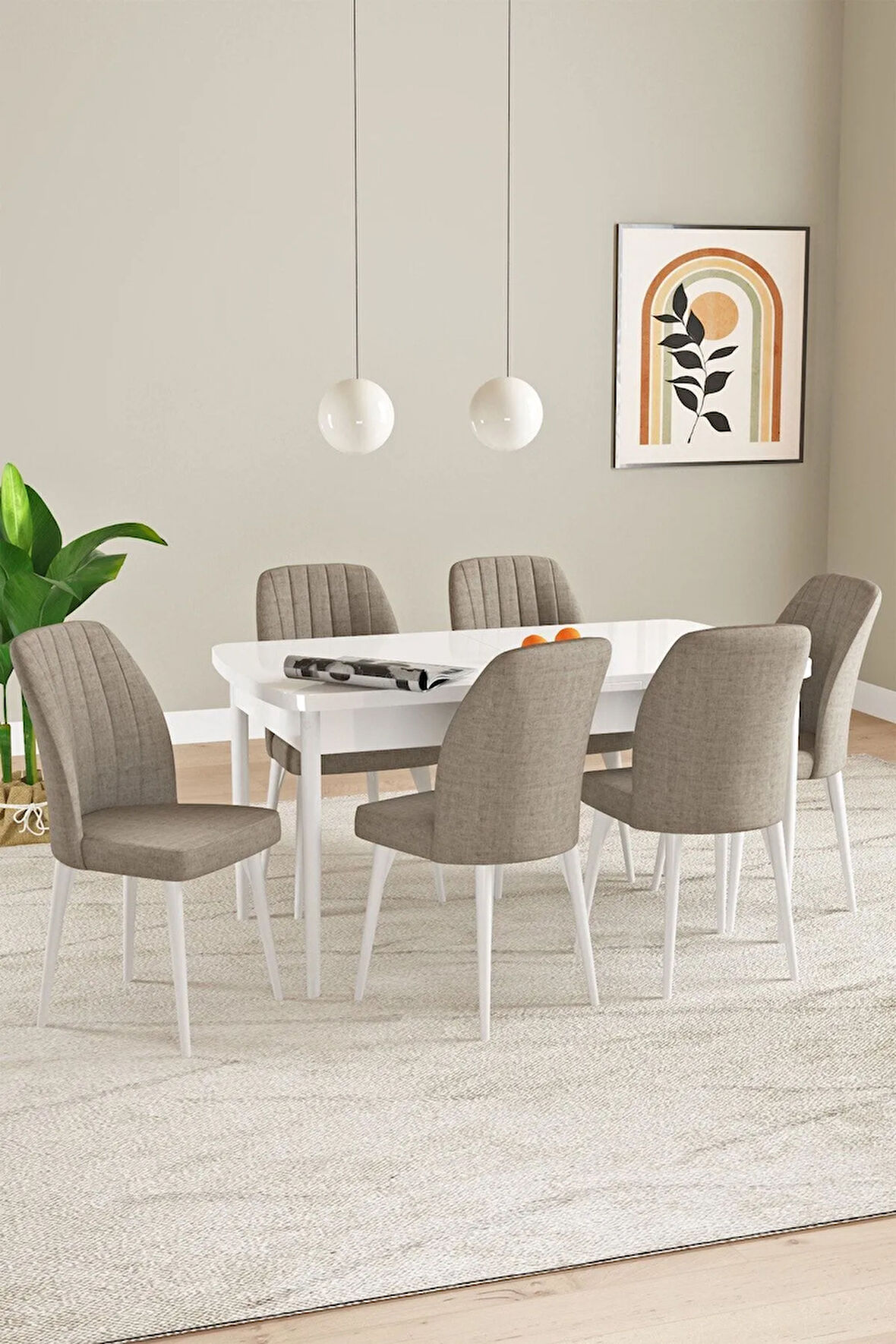 Jusie Beyaz 80x132 Açılabilir Yemek Odası Takımı 4 Sandalye, 1 Bench