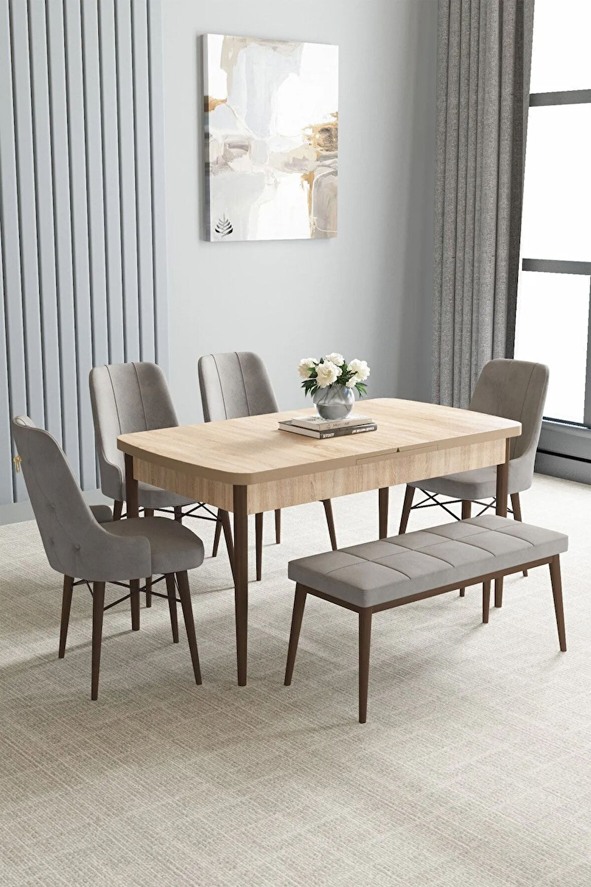 Jusie Meşe Desen 80x132 Açılabilir Yemek Odası Takımı 4 Sandalye, 1 Bench