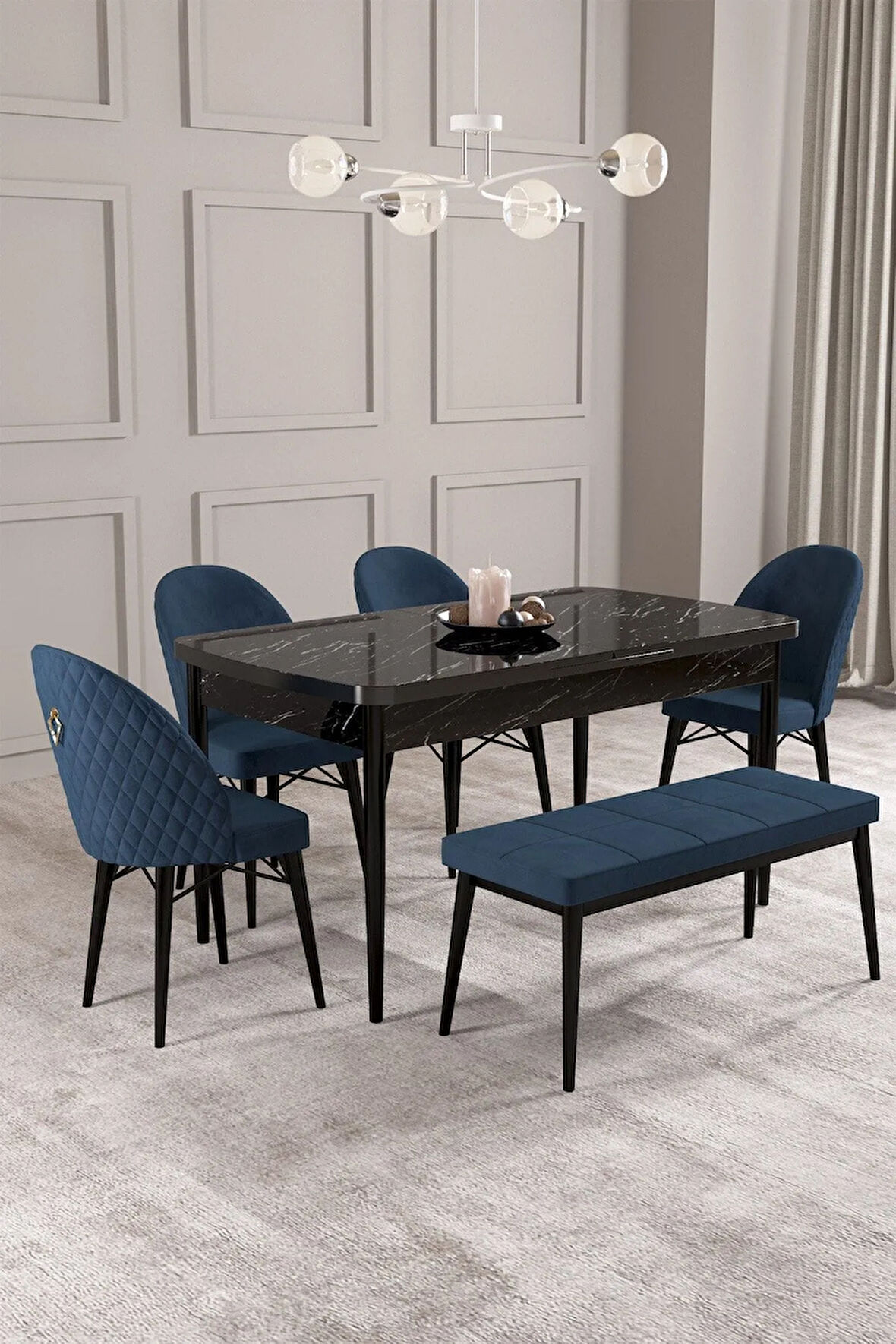 Mabel Beyaz Desen 80x132 MDF Açılabilir Mutfak Masası Takımı 4 Sandalye 1 Bench