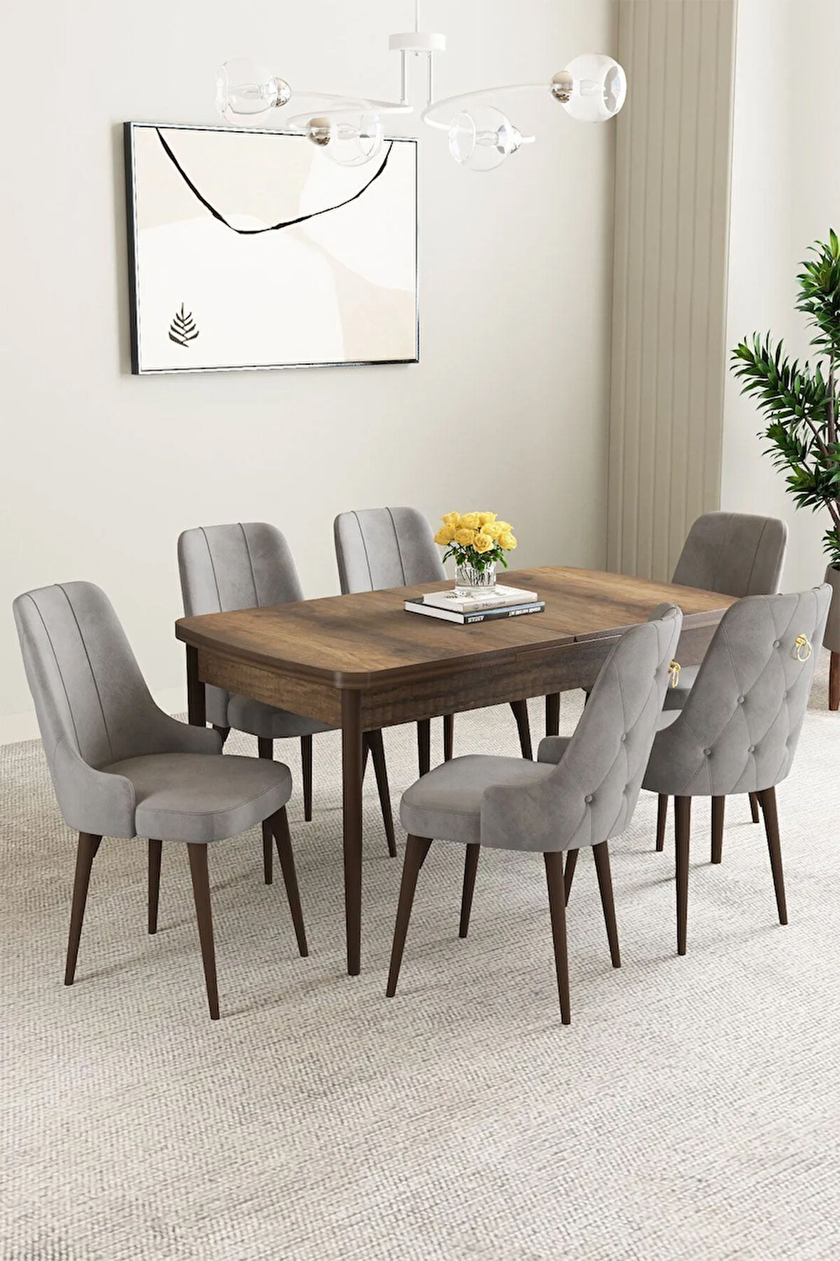 Mabel Barok Desen 80x132 Açılabilir Yemek Odası Takımı 4 Sandalye, 1 Bench