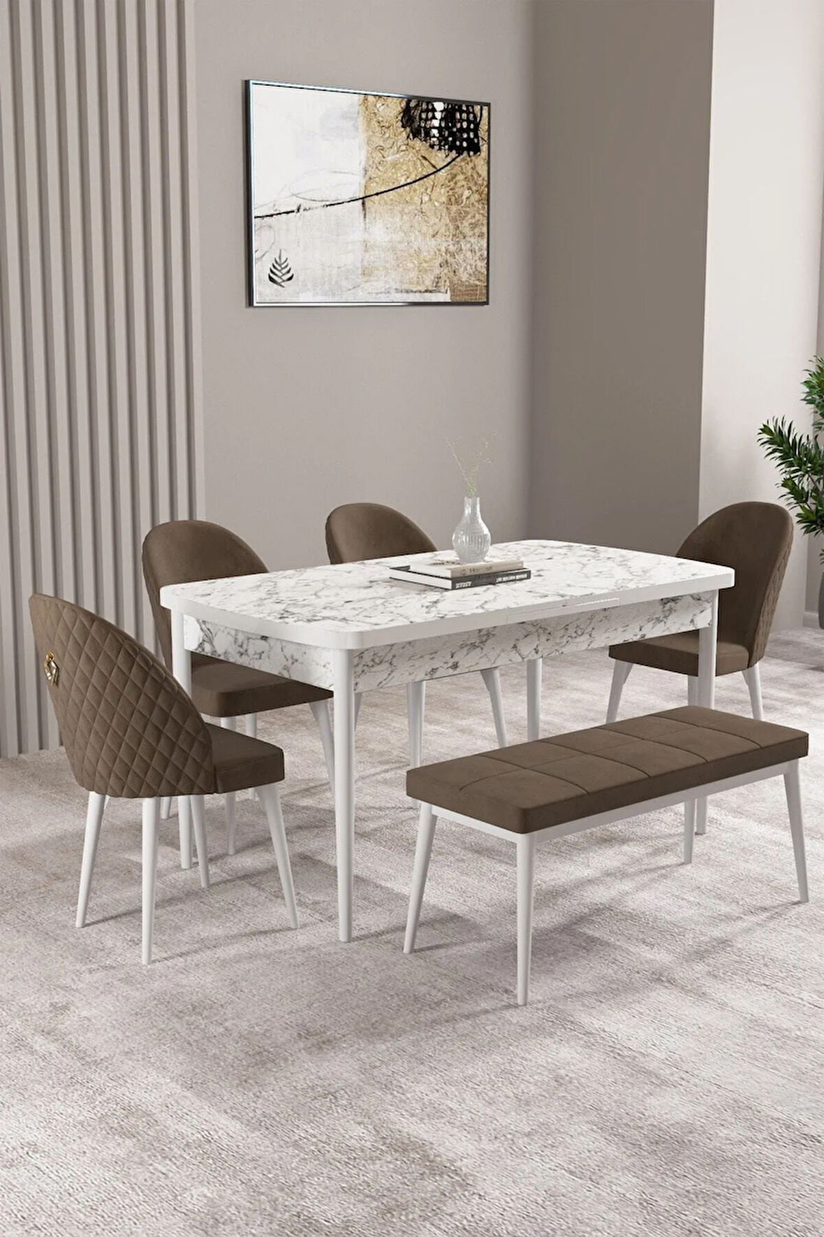 Mabel Beyaz Mermer Desen 80x132 Açılabilir Yemek Odası Takımı 4 Sandalye, 1 Bench
