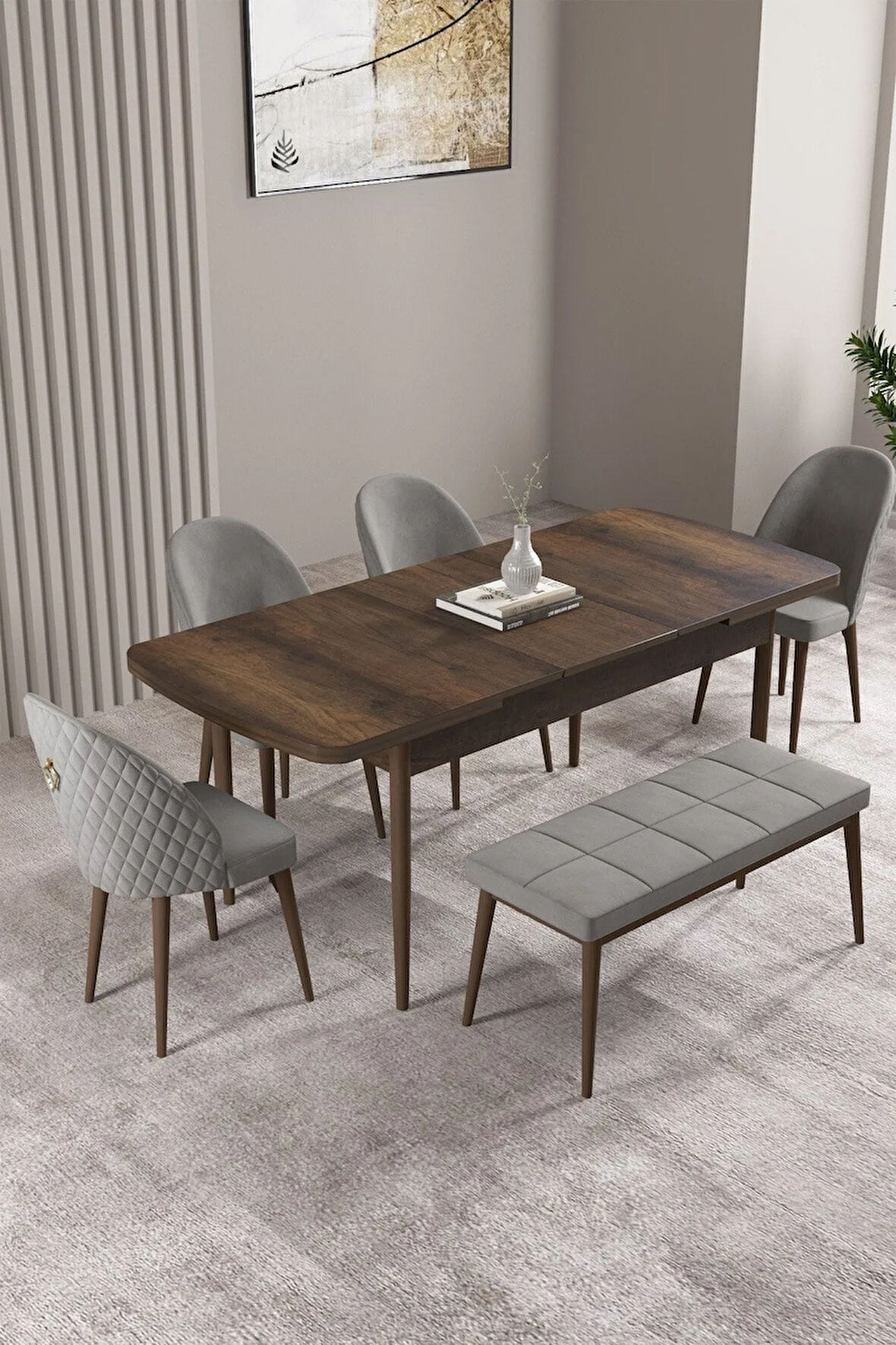 Milas Barok Desen 80x132 MDF Açılabilir Mutfak Masası Takımı 4 Sandalye, 1 Bench