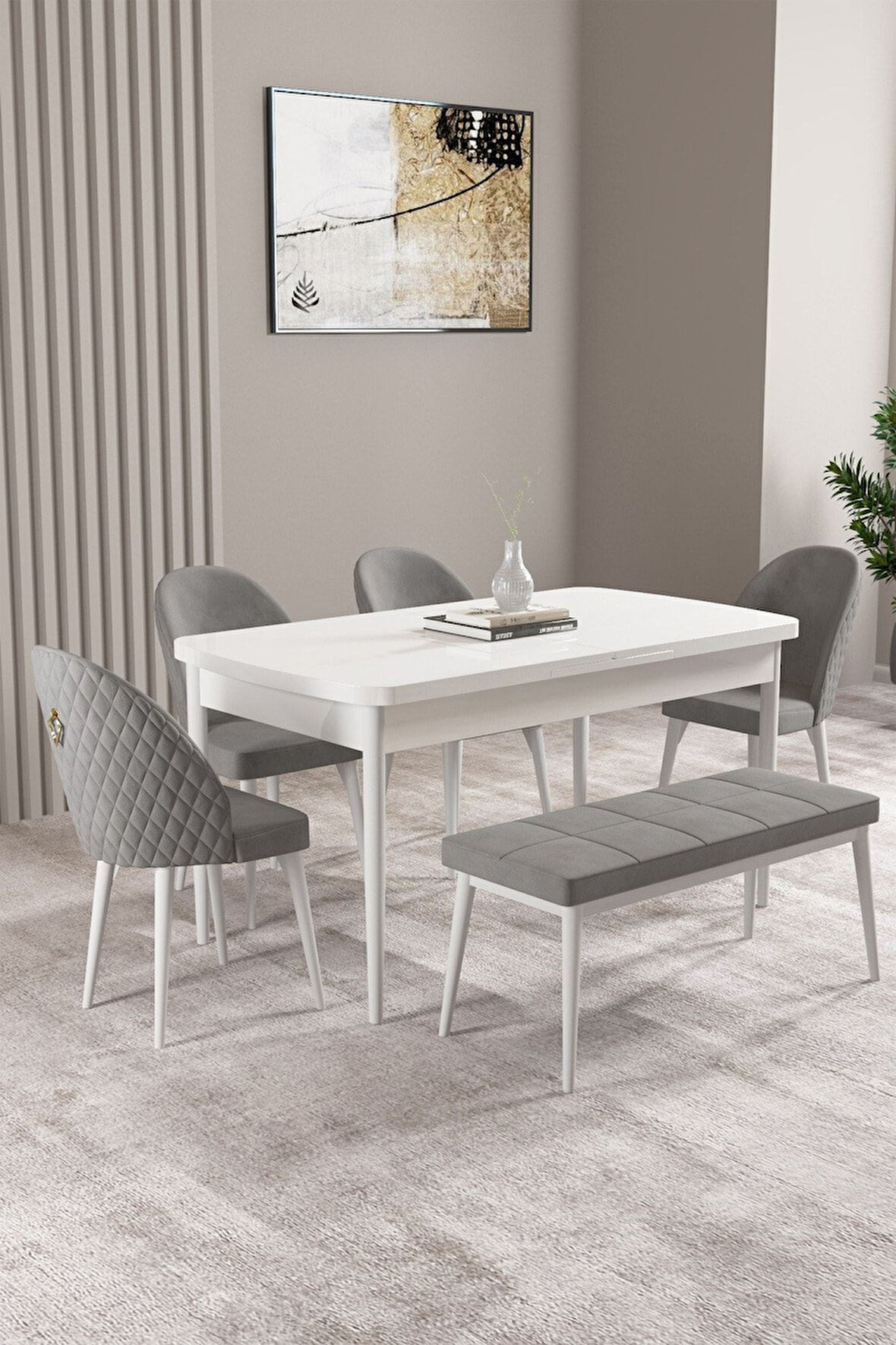 Milas Beyaz 80x132 Açılabilir Mdf Masa Yemek Odası Takımı, Mutfak Takımı 4 Sandalye, 1 Bench
