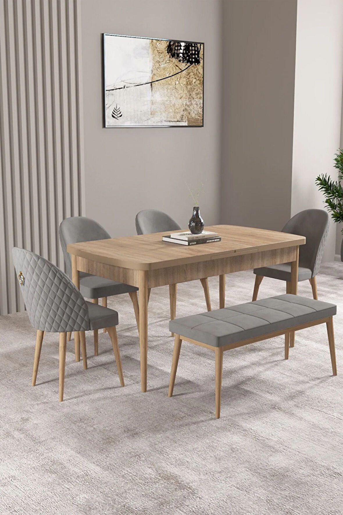 Milas Meşe Desen 80x132 MDF Açılabilir Mutfak Masası Takımı 4 Sandalye, 1 Bench