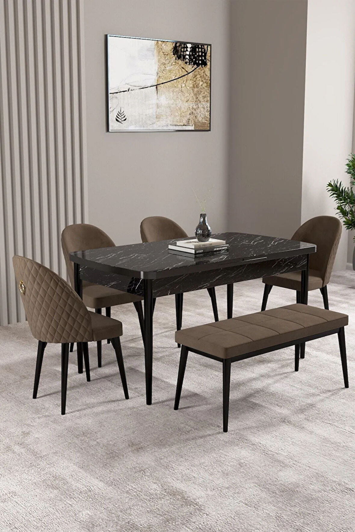 Milas Siyah Mermer Desen 80x132 MDF Açılabilir Mutfak Masası Takımı 4 Sandalye, 1 Bench