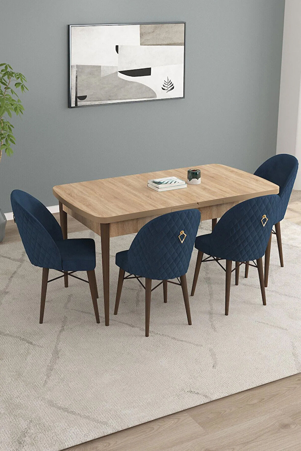 Milas Barok Desen 80x132 MDF Açılabilir Yemek Masası Takımı 4 Sandalye, 1 Bench