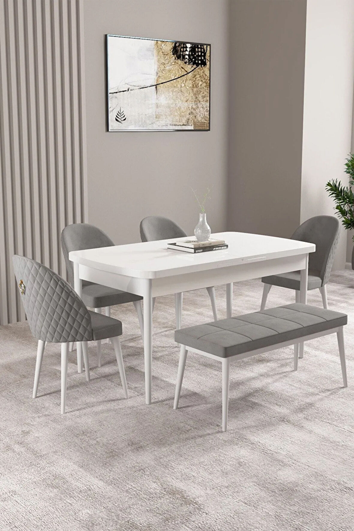 Milas Beyaz 80x132 MDF Açılabilir Yemek Masası Takımı 4 Sandalye, 1 Bench