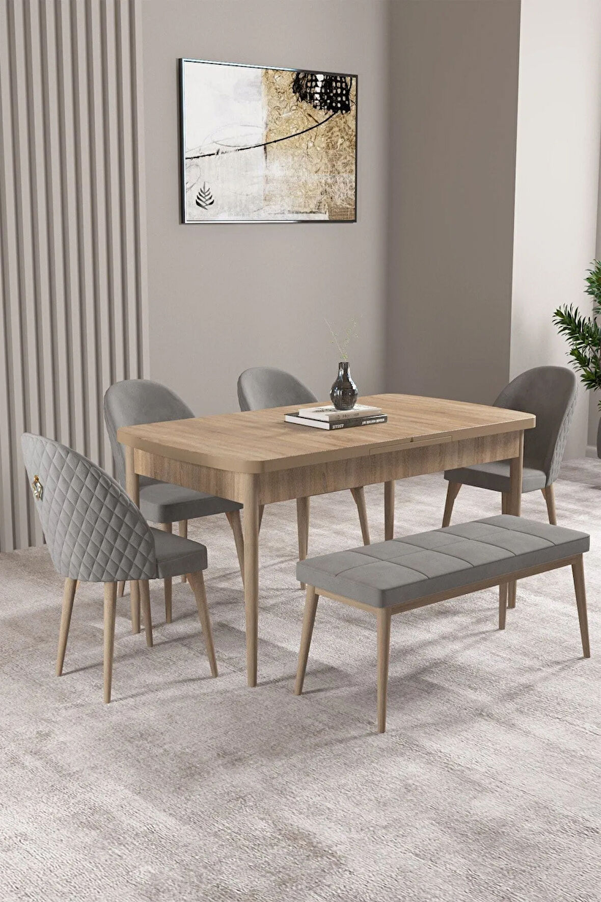 Milas Meşe Desen 80x132 MDF Açılabilir Yemek Masası Takımı 4 Sandalye, 1 Bench