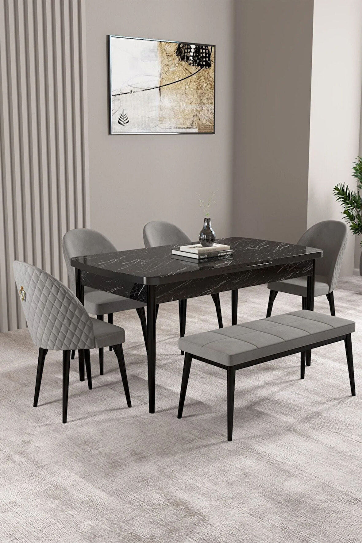 Milas Siyah Mermer Desen 80x132 MDF Açılabilir Yemek Masası Takımı 4 Sandalye, 1 Bench