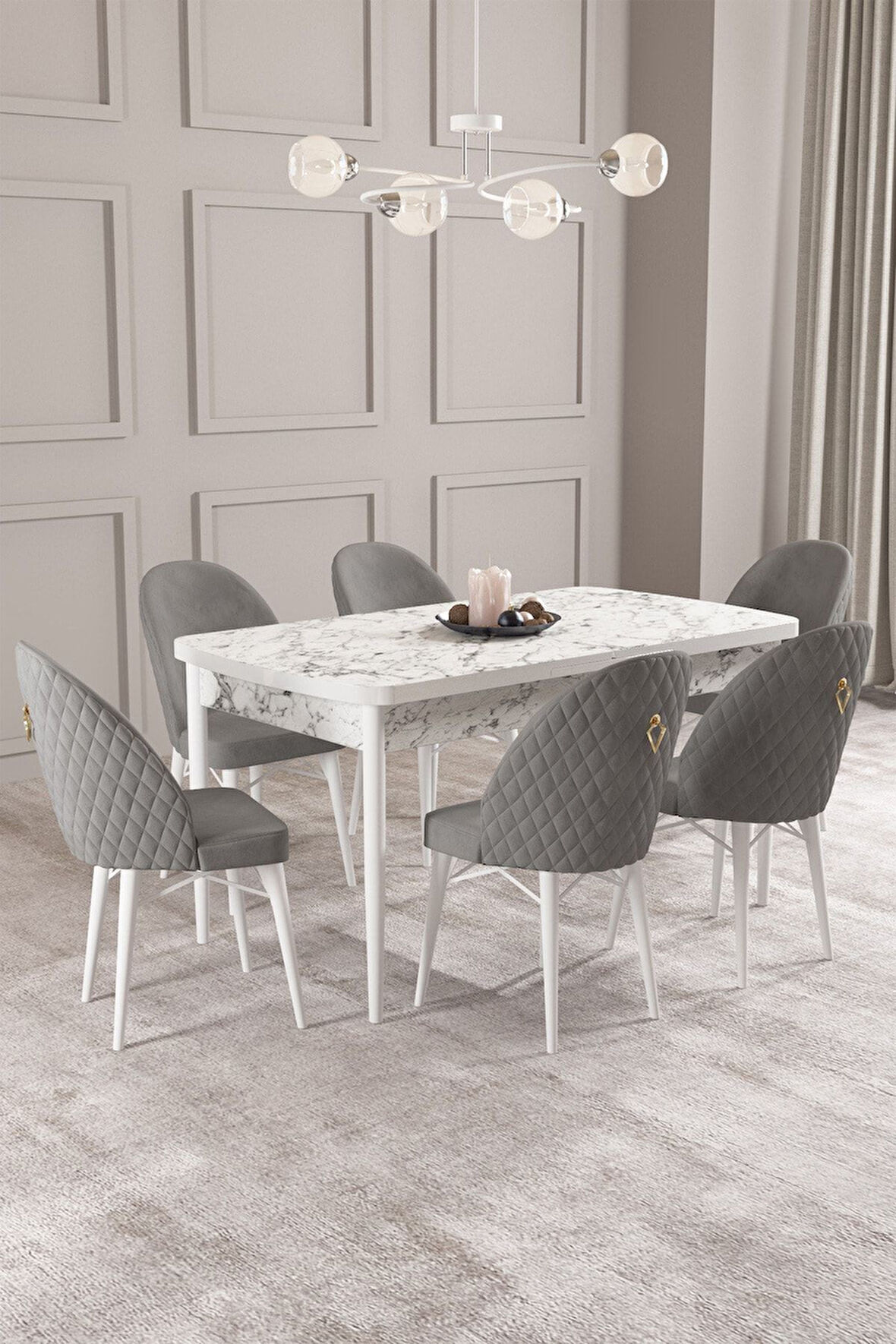 ​​​​​​​Calvin Beyaz Mermer Desen 80x132 Açılabilir Mdf Masa Yemek Odası Takımı, Mutfak Takımı 6 Adet