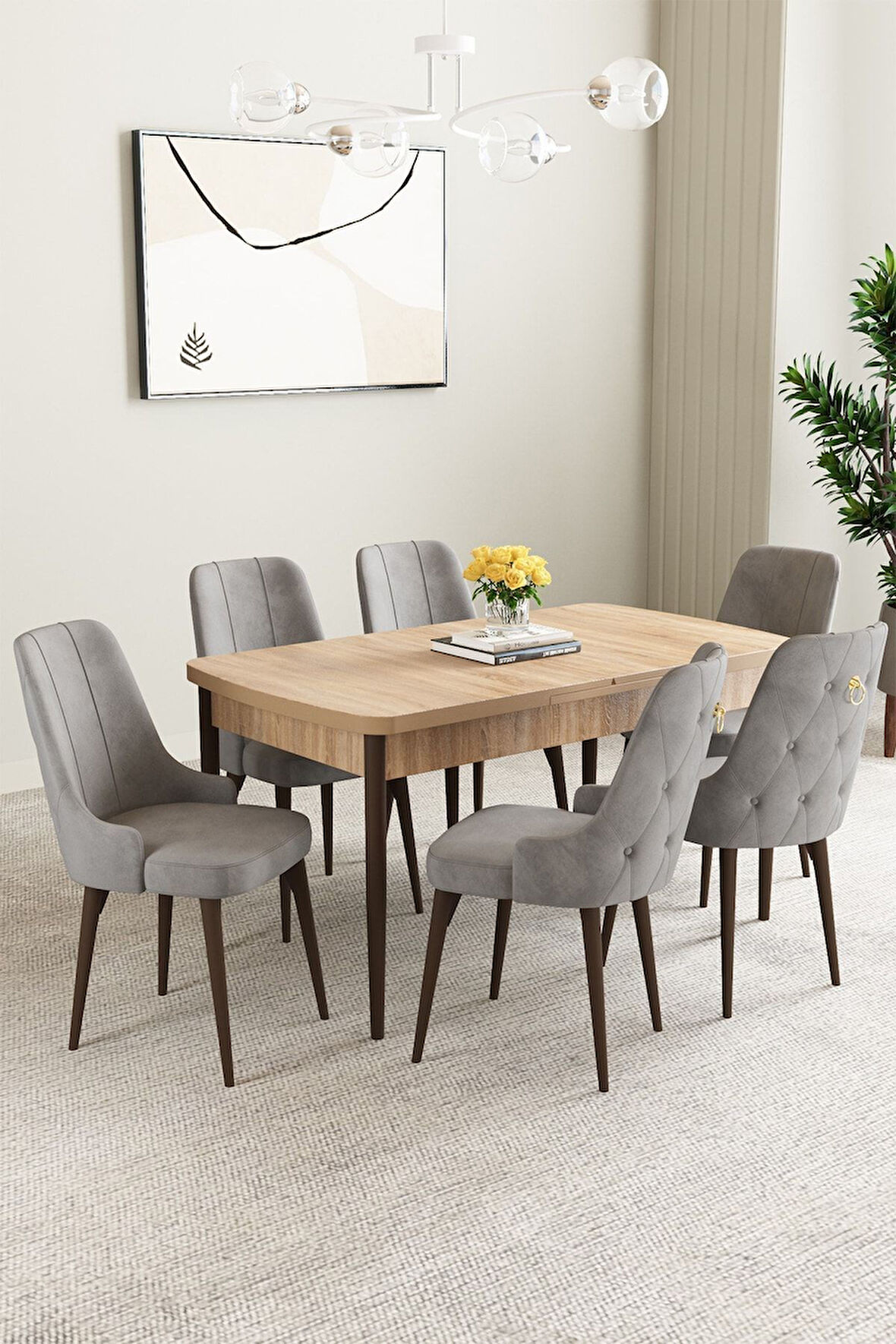 Clara Meşe Desen 80x132 Açılabilir Mdf Masa Yemek Odası Takımı,Mutfak Takımı 6 Adet Sandalye