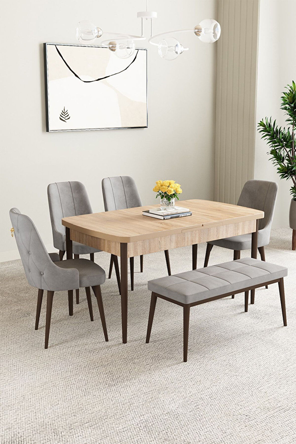 Clara Meşe Desen 80x132 Açılabilir Mdf Masa Yemek Odası Takımı,Mutfak Takımı 4 Sandalye 1 Bench