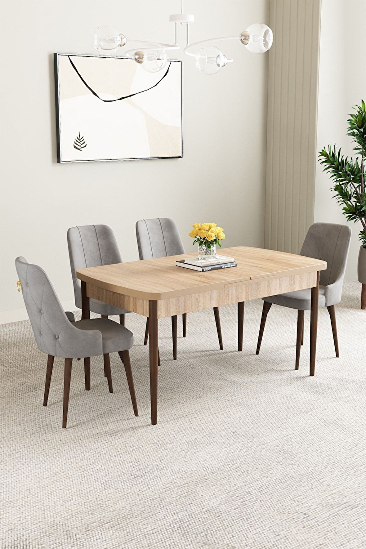 Clara Meşe Desen 80x132 Açılabilir Mdf Masa Yemek Odası Takımı,Mutfak Takımı 4 Adet Sandalye