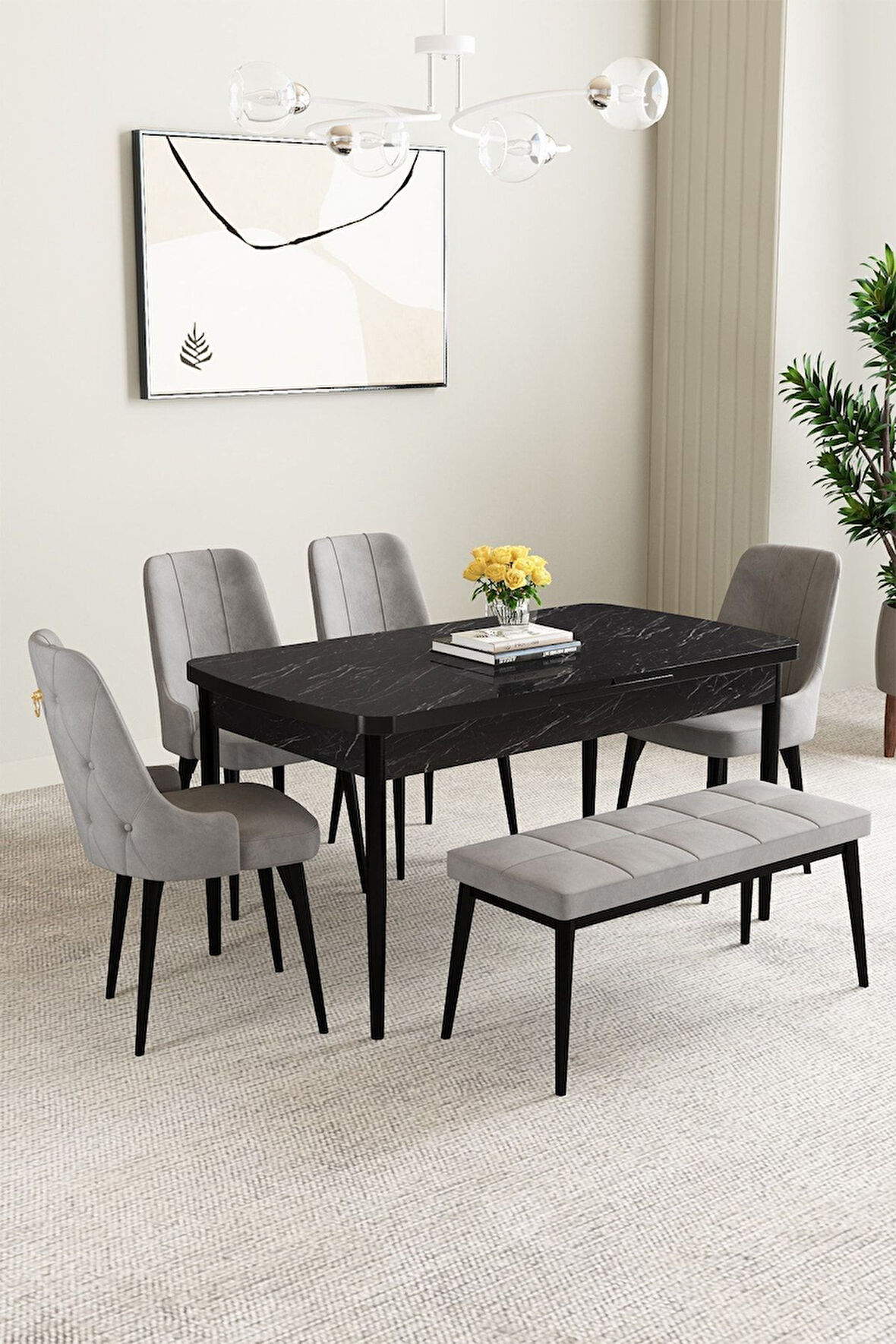 Clara Siyah Mermer 80x132 Açılabilir Mdf Masa Yemek Odası Takımı,Mutfak Takımı 4 Sandalye 1 Bench
