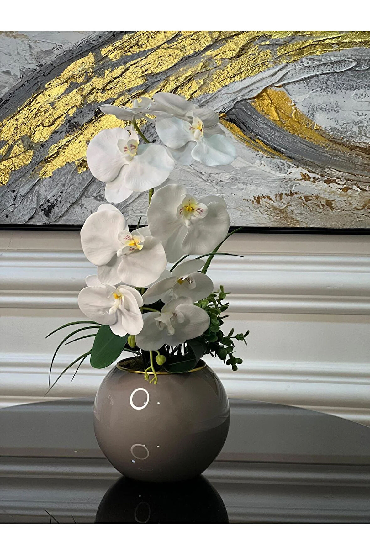 Yapay Orkideli Gri Cam Vazo