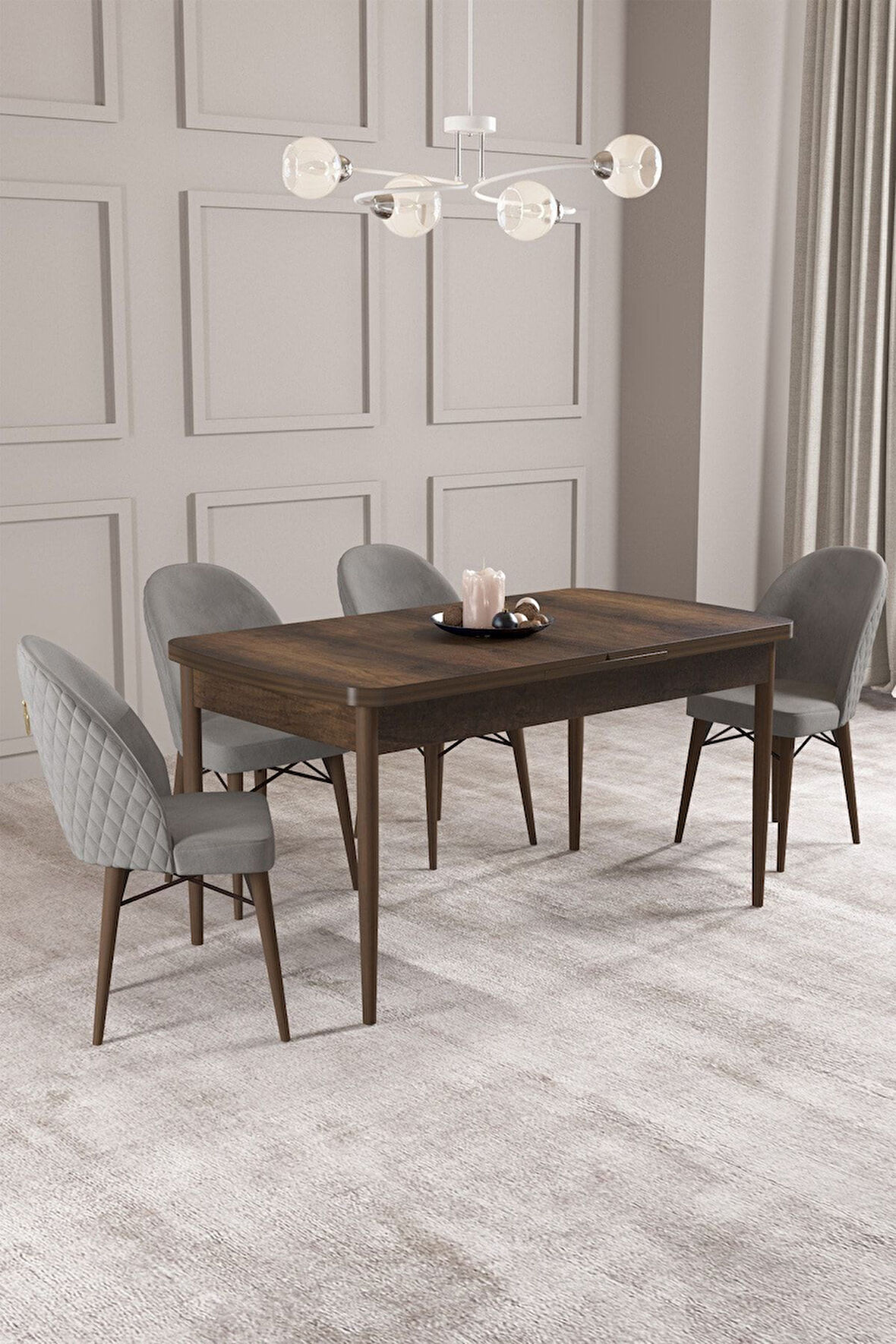 Calvin Barok Desen 80x132 Açılabilir Mdf Masa Yemek Odası Takımı, Mutfak Takımı 4 Adet Sandalye