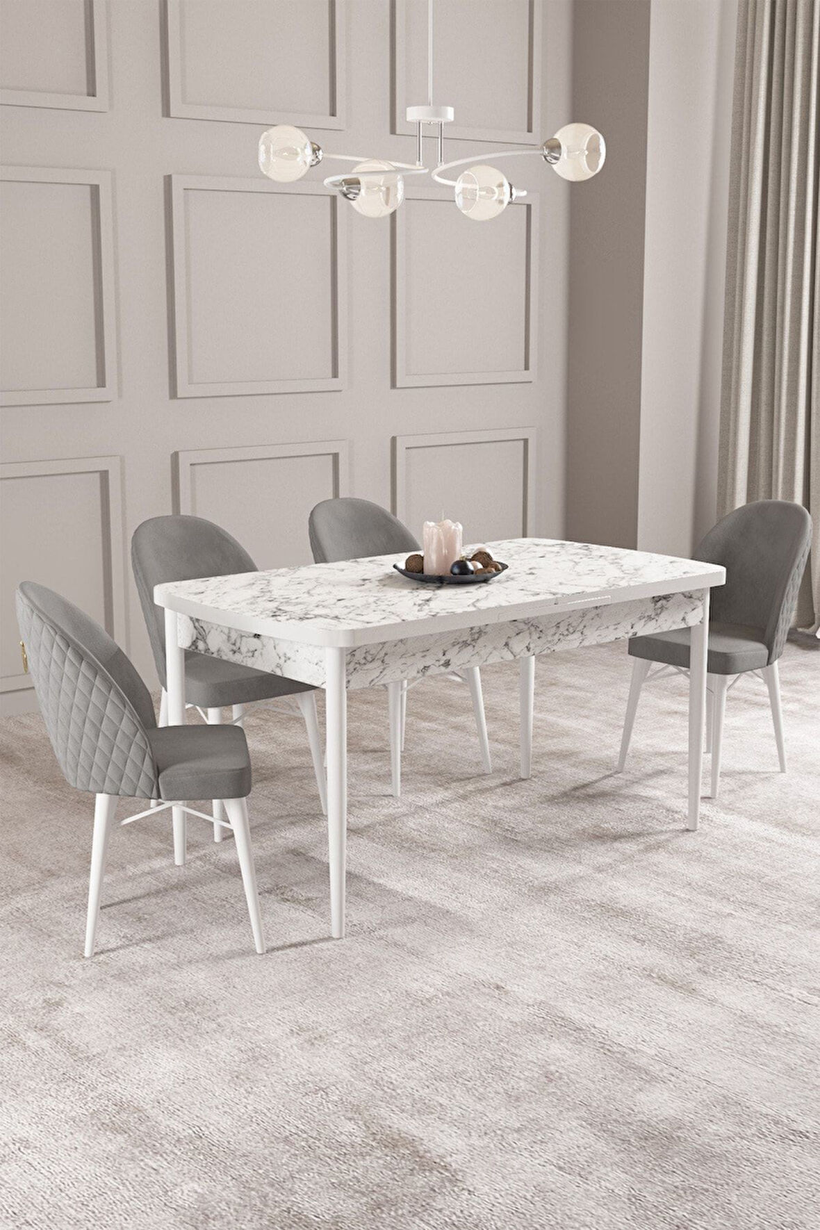 Calvin Beyaz Mermer 80x132 Açılabilir Mdf Masa Yemek Odası Takımı, Mutfak Takımı 4 Adet Sandalye