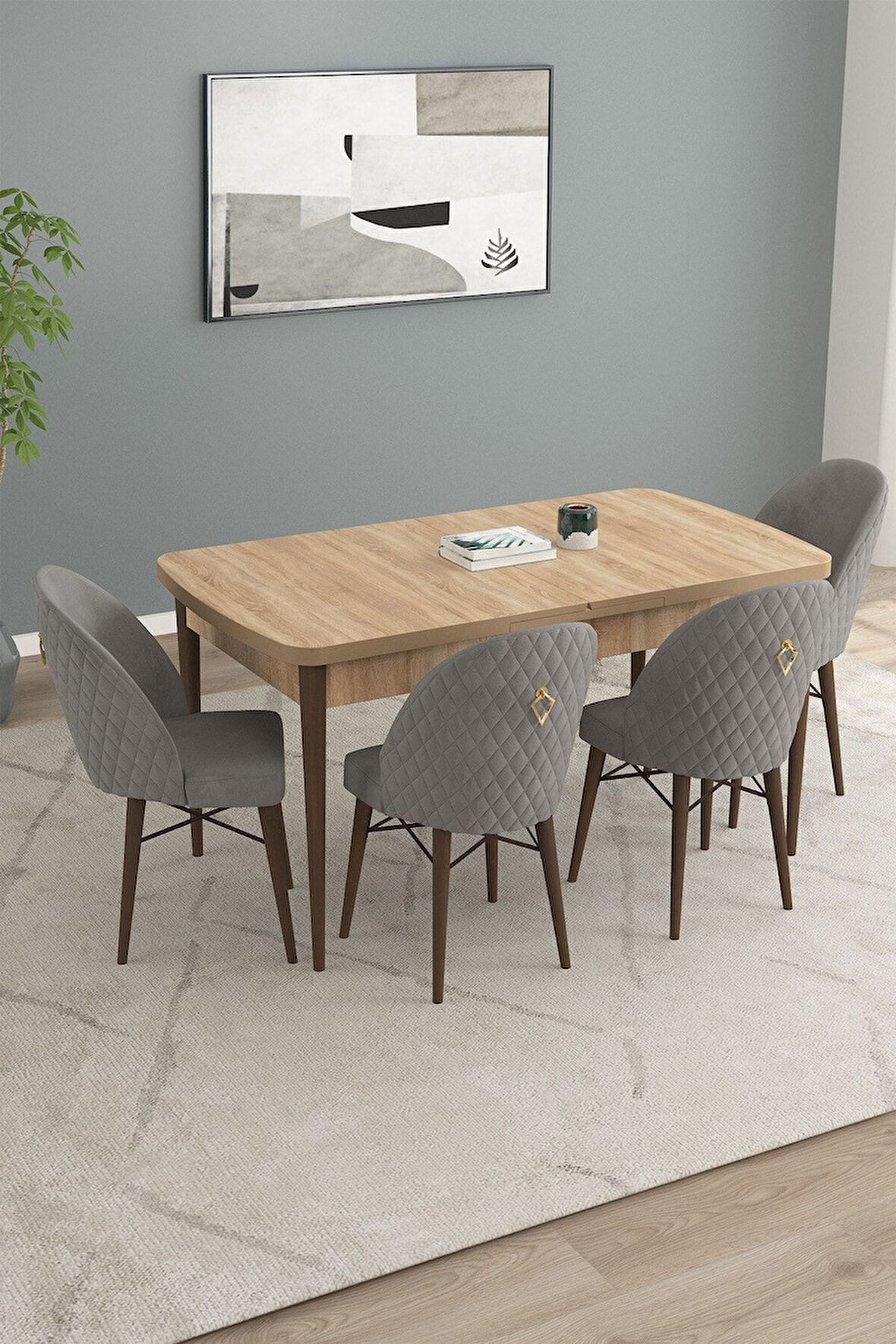 Calvin Meşe Desen 80x132 Açılabilir Mdf Masa Yemek Odası Takımı, Mutfak Takımı 4 Adet Sandalye