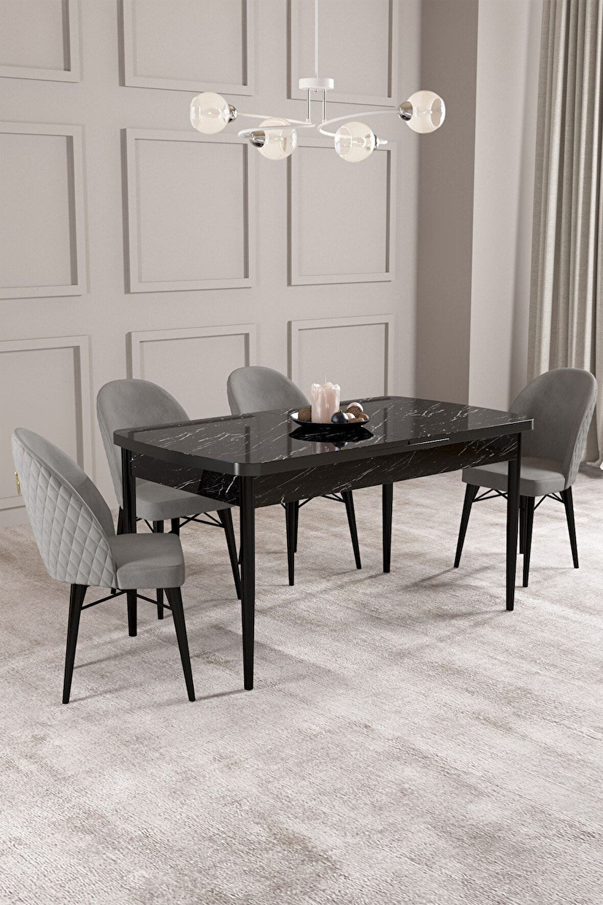 ​​​​​​​Calvin Siyah Mermer 80x132 Açılabilir Mdf Masa Yemek Odası Takımı, Mutfak Takımı 4 Adet Sanda