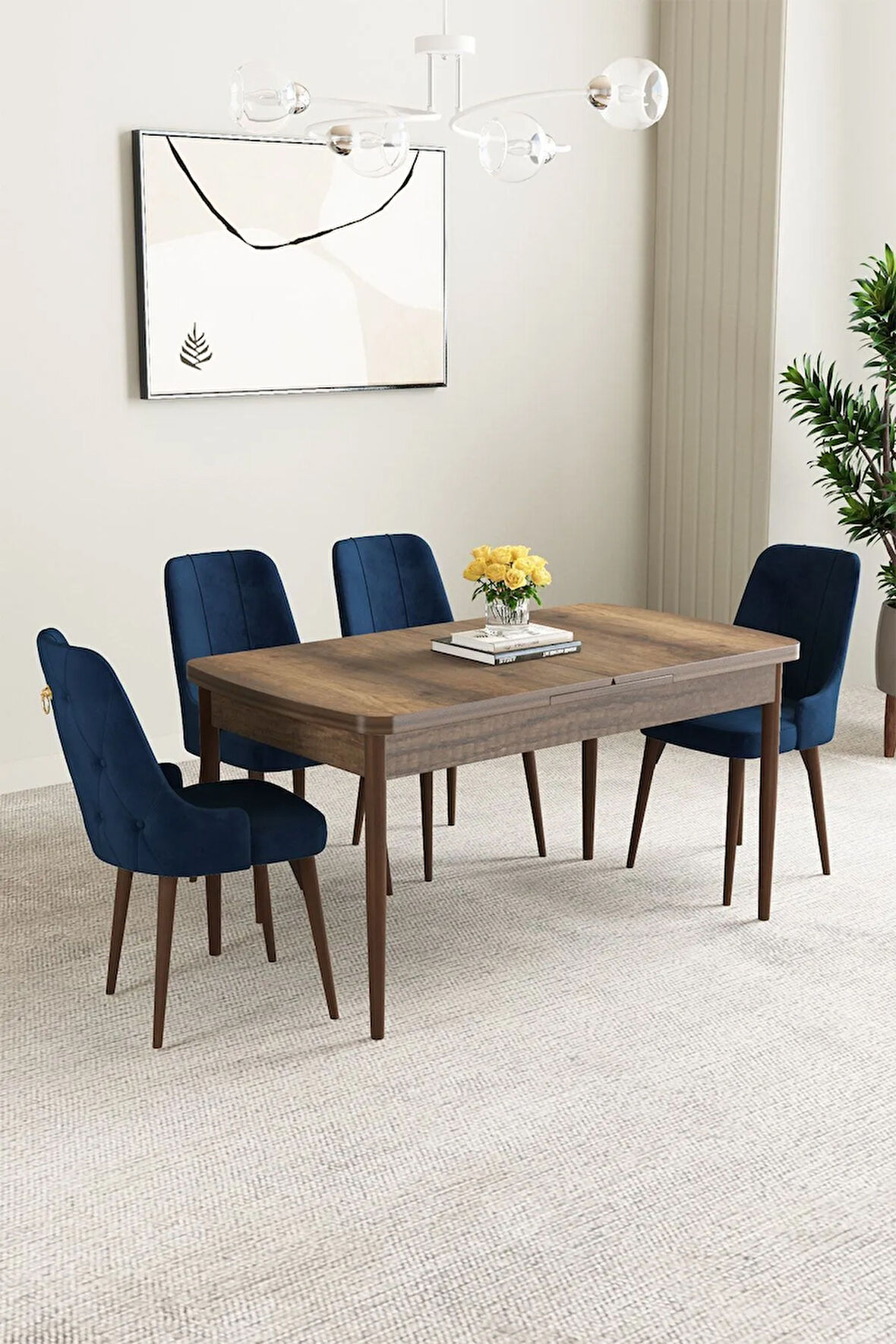 Calvin Beyaz Mermer Desen 80x132 MDF Açılabilir Mutfak Masası Takımı 4  Sandalye