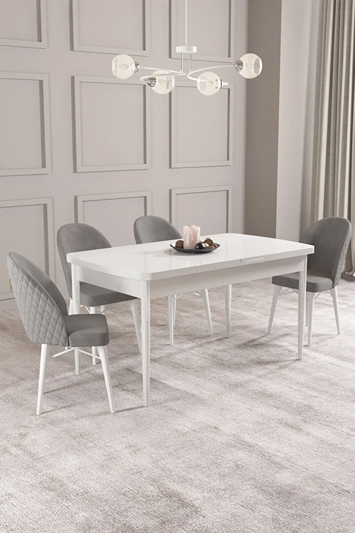 Calvin Beyaz 80x132 MDF Açılabilir Mutfak Masası Takımı 4  Sandalye