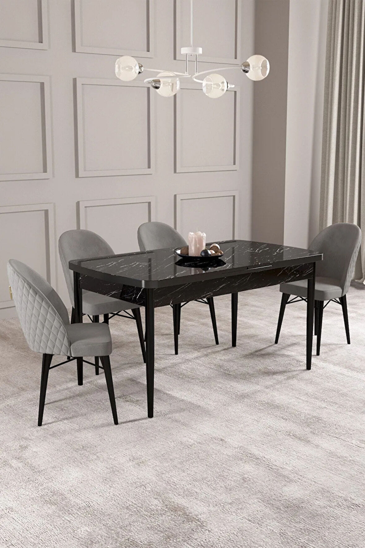 Calvin Siyah Mermer Desen 80x132 MDF Açılabilir Mutfak Masası Takımı 4  Sandalye