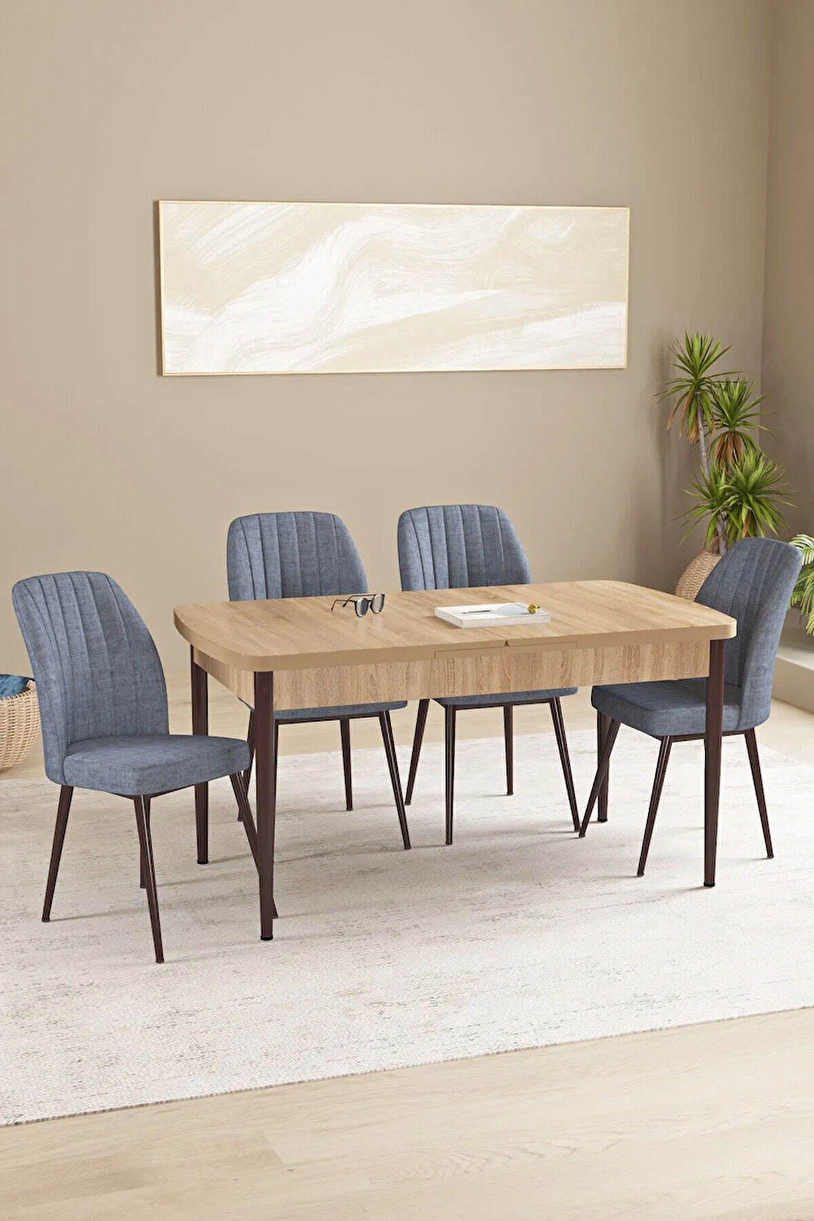 Daisy MDF Meşe Desen Açılabilir 80x132 Cm 4 Sandalyeli Mutfak Masası Takımı
