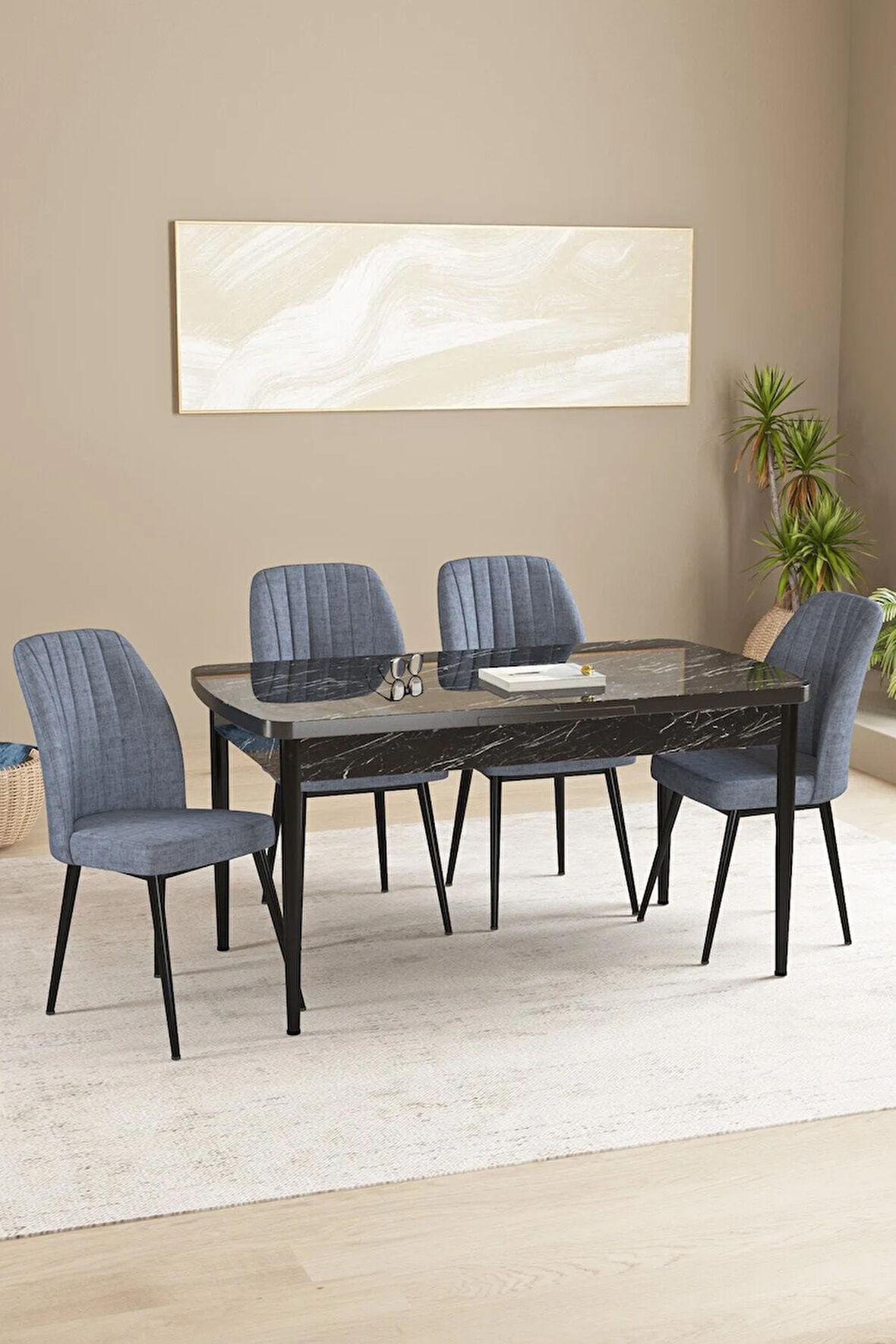 Daisy MDF Siyah Mermer Desen Açılabilir 80x132 Cm 4 Sandalyeli Mutfak Masası Takımı
