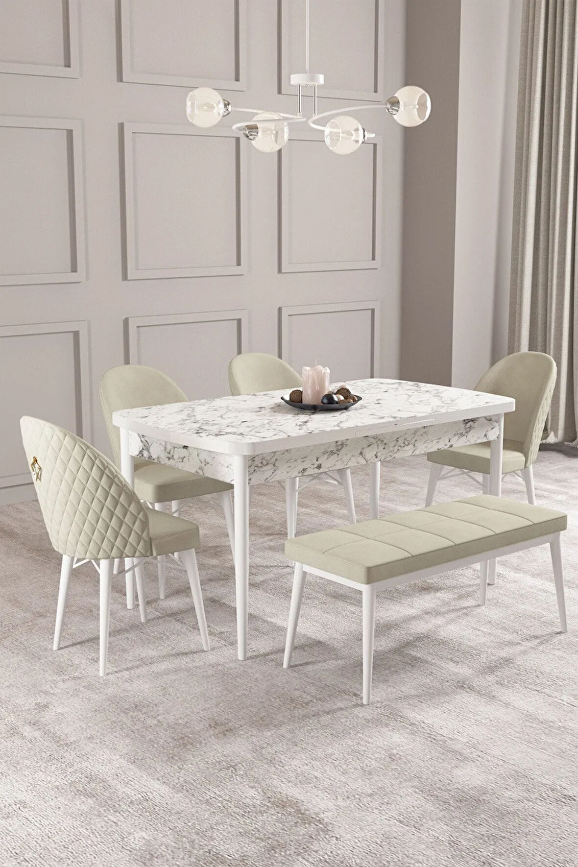 Elizya MDF Beyaz Mermer Desen Açılabilir 80x132 Cm 4 Sandalyeli Mutfak Masası Takımı