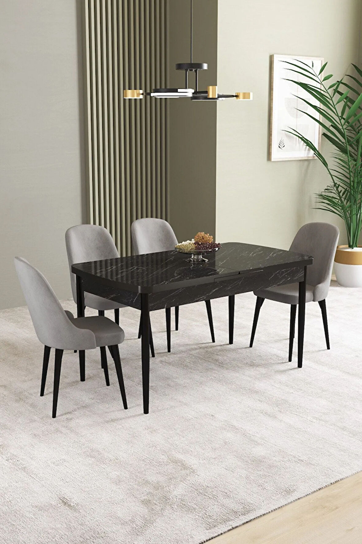 Ikon Siyah Mermer Desen 80x132 MDF Açılabilir Yemek Masası Takımı 4  Sandalye