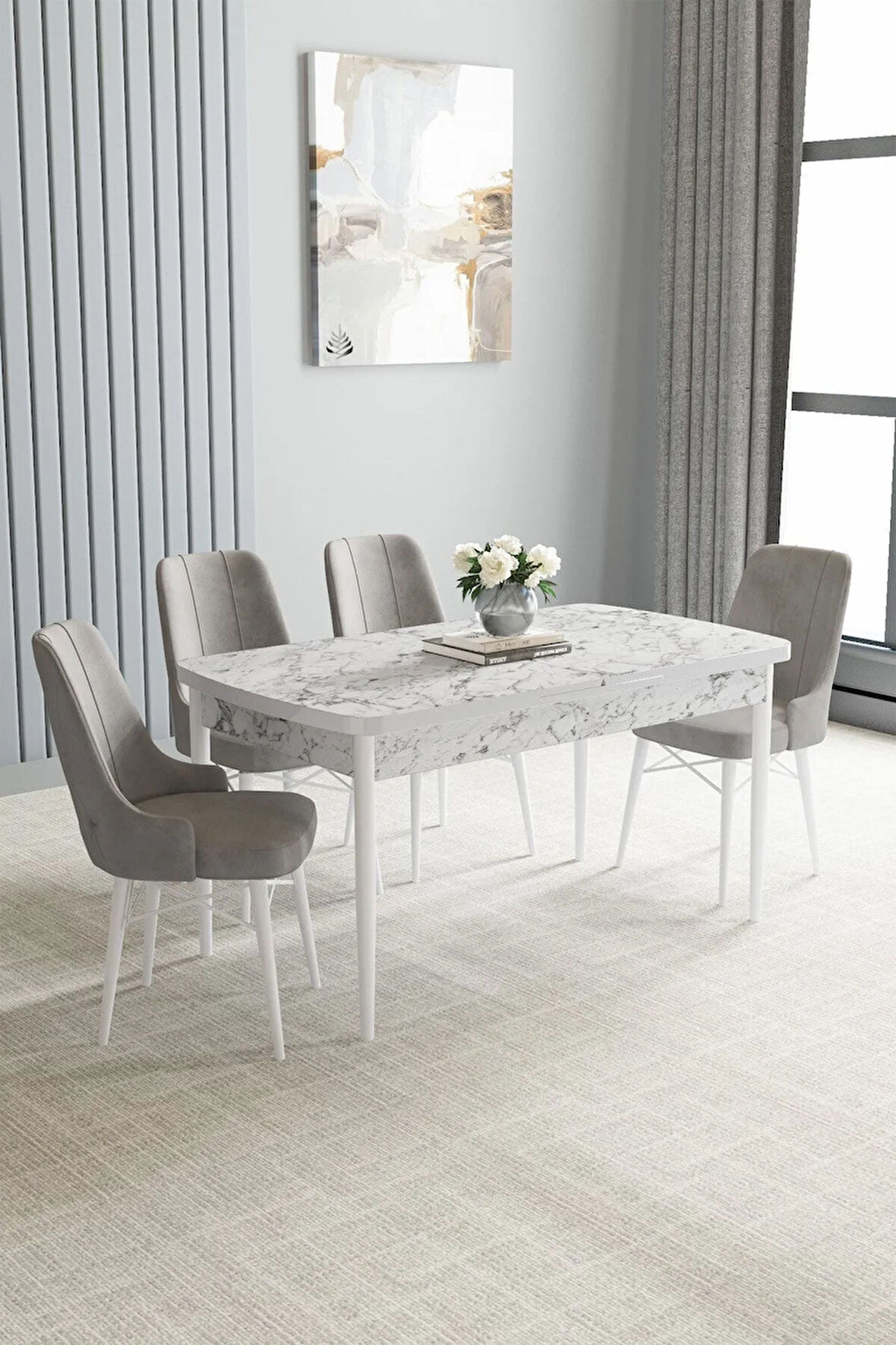Jusie Beyaz Mermer Desen 80x132 Açılabilir Yemek Odası Takımı 4  Sandalye