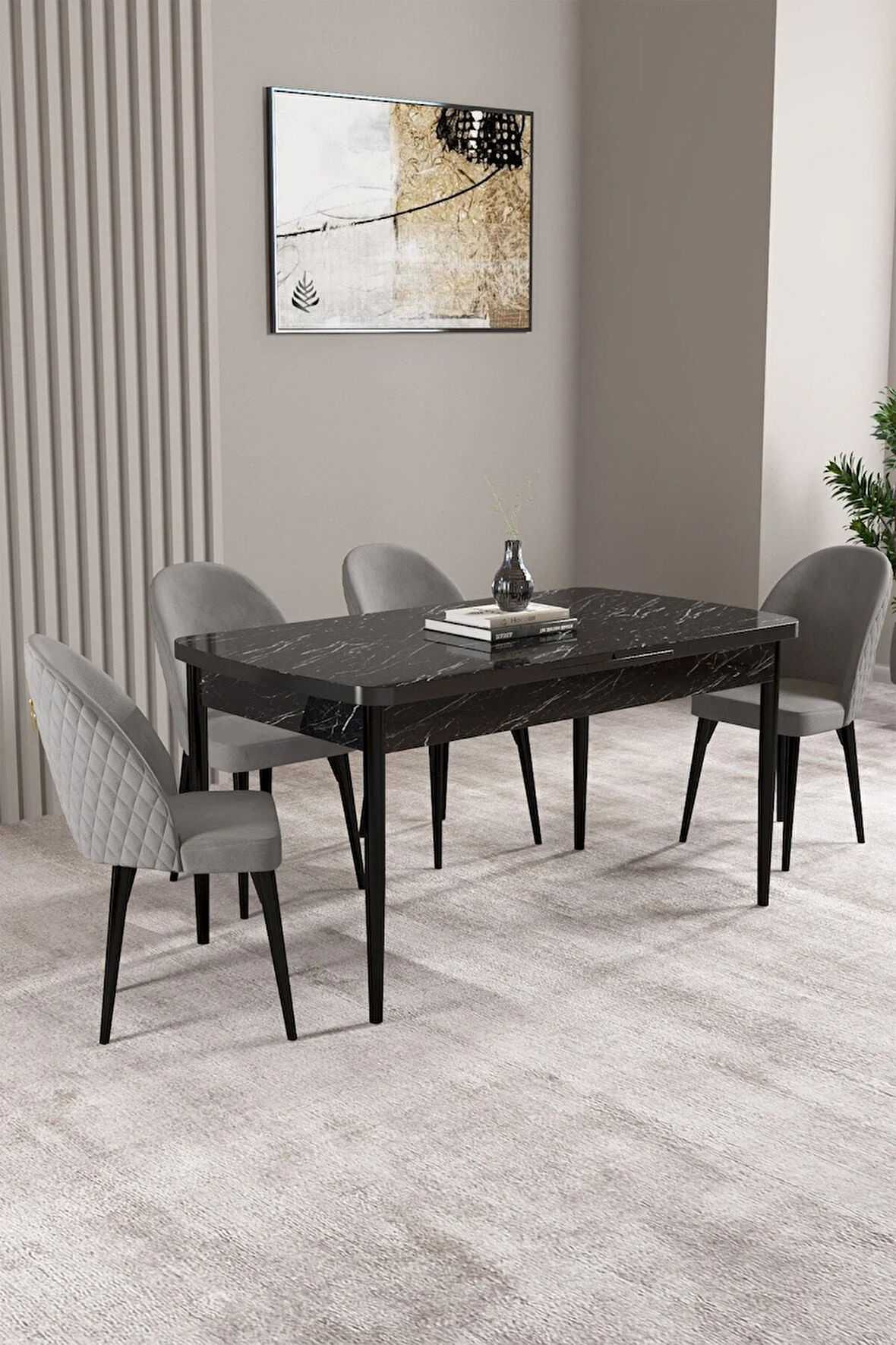 Lima Siyah Mermer Desen 80x132 MDF Açılabilir Mutfak Masası Takımı 4  Sandalye