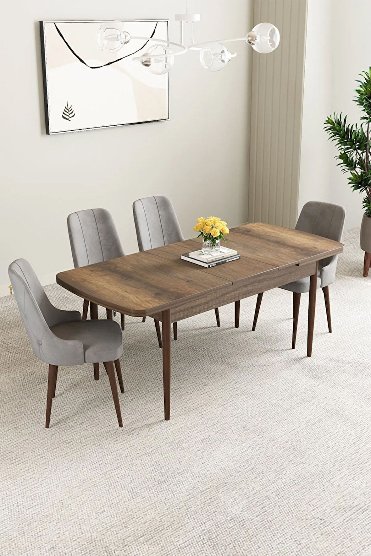 Mabel Barok Desen 80x132 MDF Açılabilir Mutfak Masası Takımı 4  Sandalye