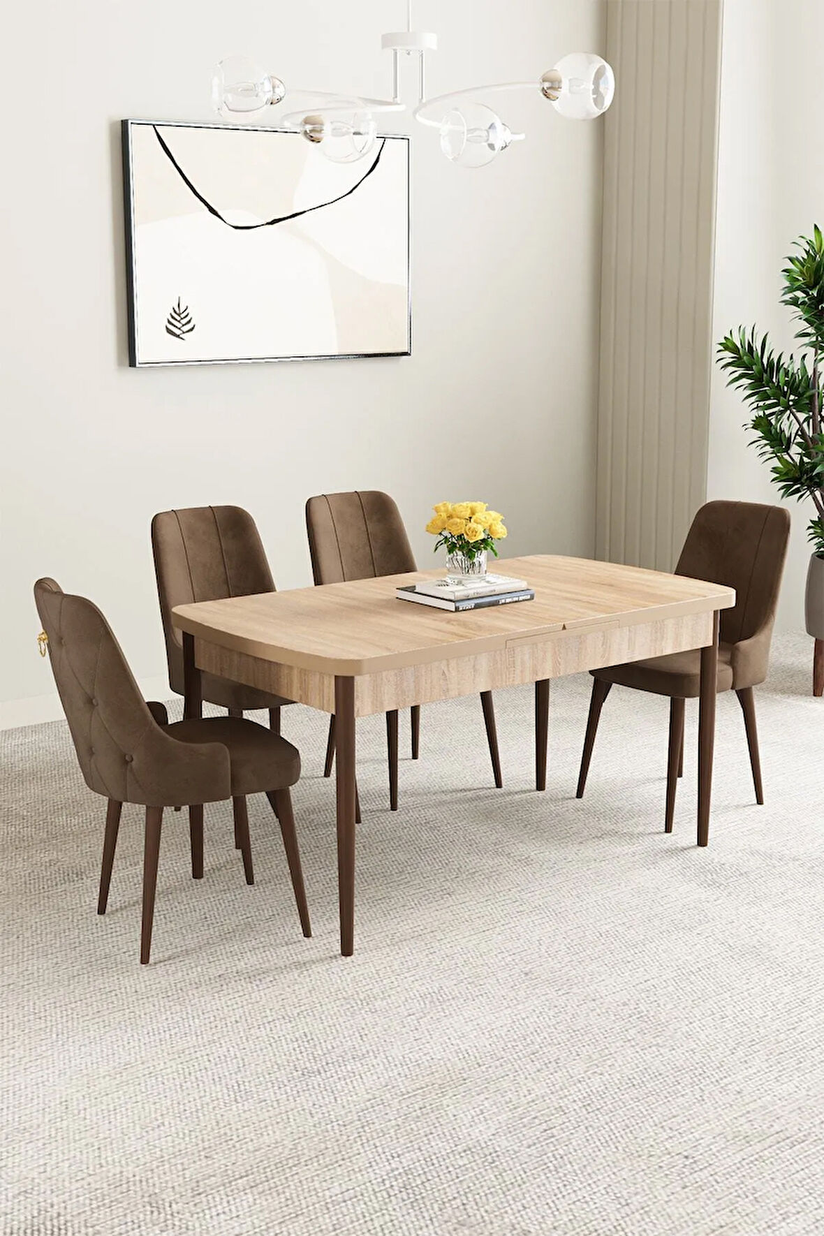 Mabel Beyaz Desen 80x132 MDF Açılabilir Mutfak Masası Takımı 4  Sandalye