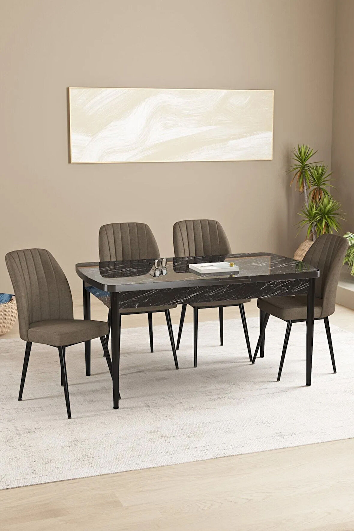 Mabel Beyaz Mermer Desen 80x132 Açılabilir Yemek Odası Takımı 4  Sandalye