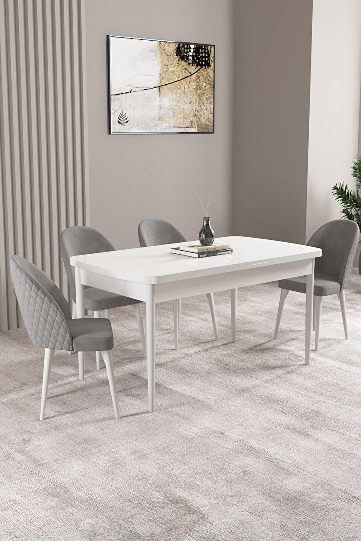 Milas Beyaz 80x132 Açılabilir Mdf Masa Yemek Odası Takımı, Mutfak Takımı 4 Adet Sandalye