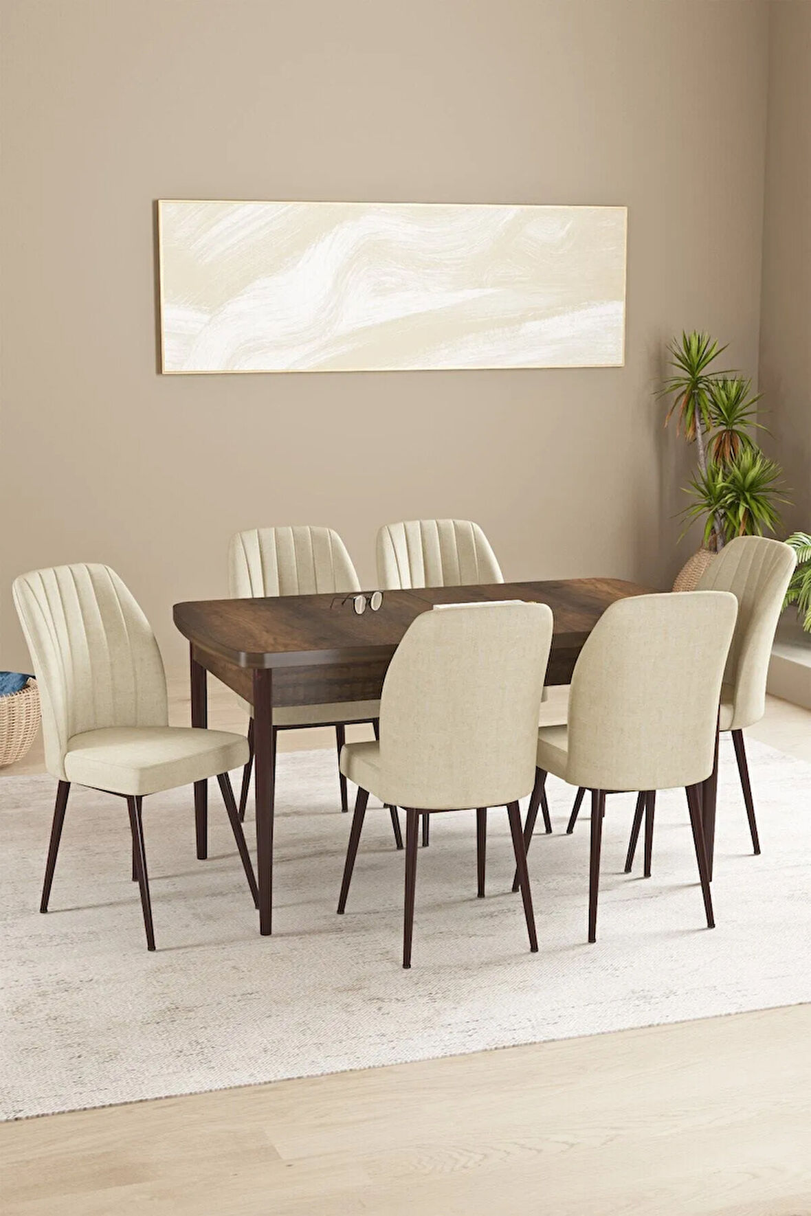 Milas Beyaz Mermer Desen 80x132 MDF Açılabilir Mutfak Masası Takımı 4  Sandalye