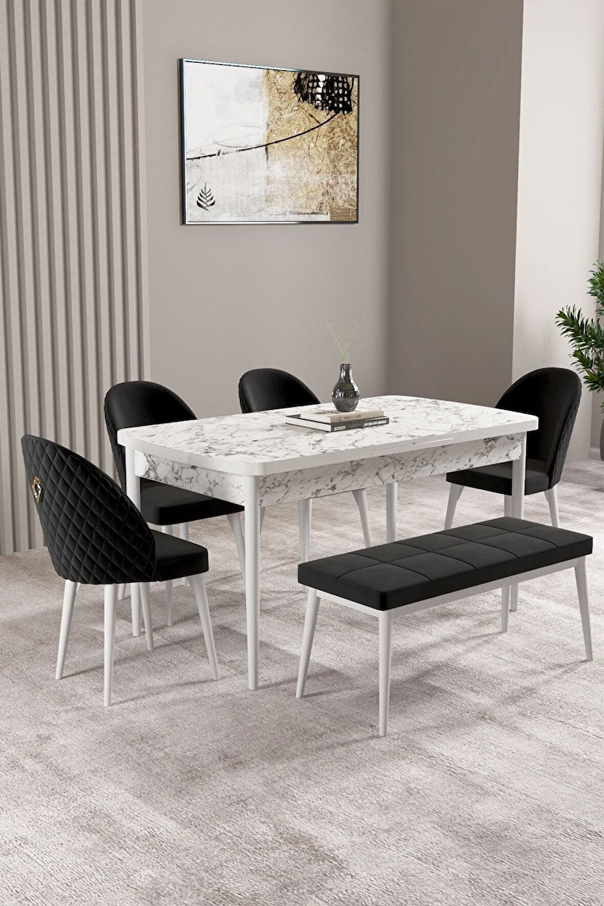 Milas Beyaz 80x132 MDF Açılabilir Mutfak Masası Takımı 4  Sandalye