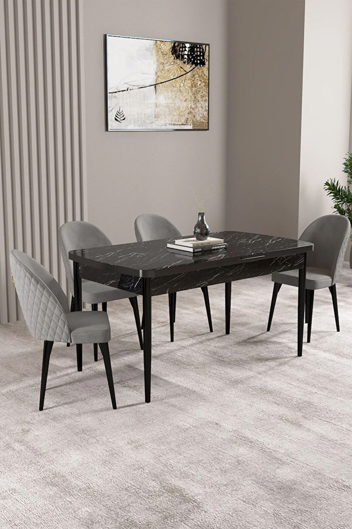 Milas Siyah Mermer Desen 80x132 MDF Açılabilir Mutfak Masası Takımı 4  Sandalye