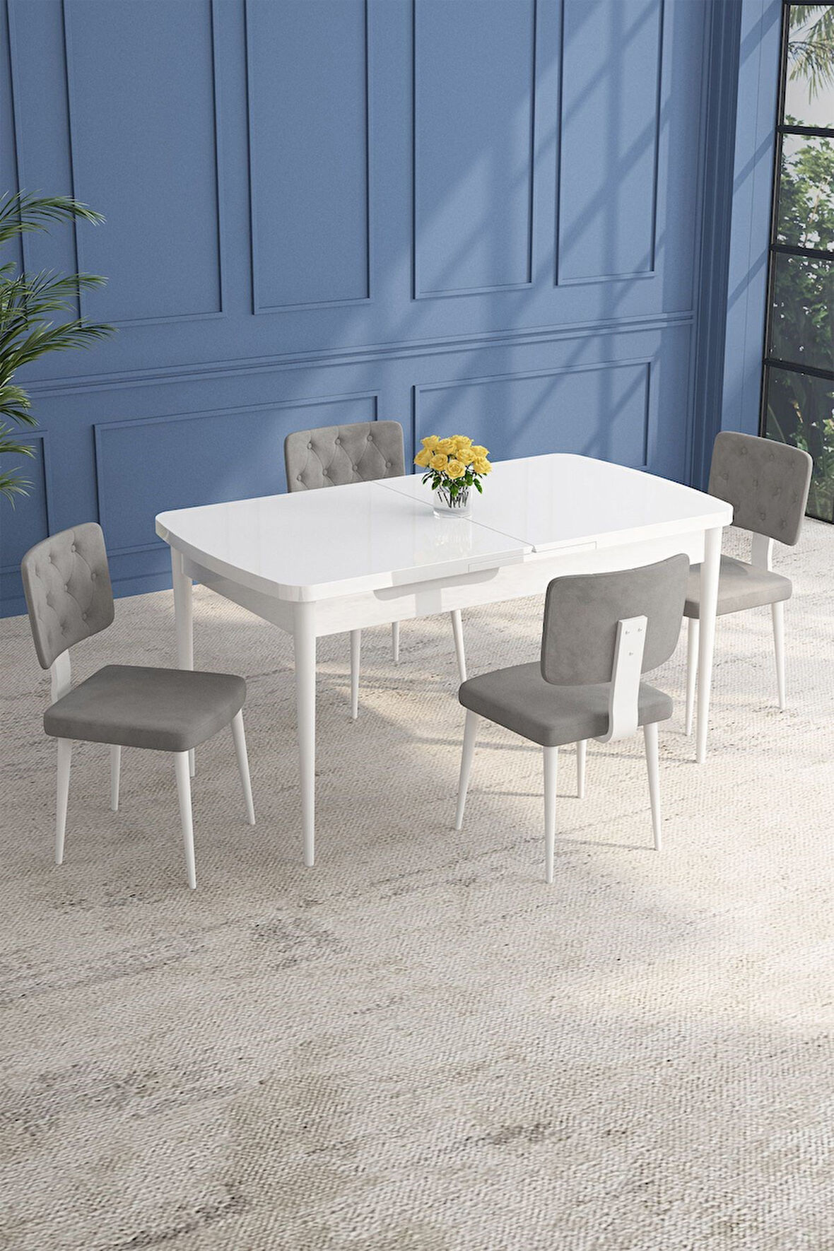 Lars Beyaz 80x132 Açılabilir Mdf Masa Yemek Odası Takımı,Mutfak Takımı 4 Adet Sandalye