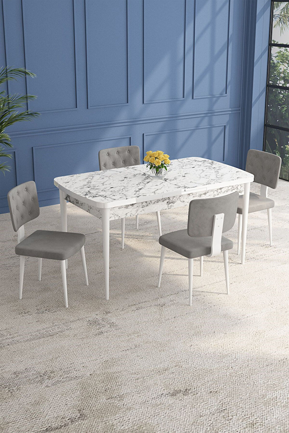 Lars Beyaz Mermer 80x132 Açılabilir Mdf Masa Yemek Odası Takımı,Mutfak Takımı 4 Adet Sandalye