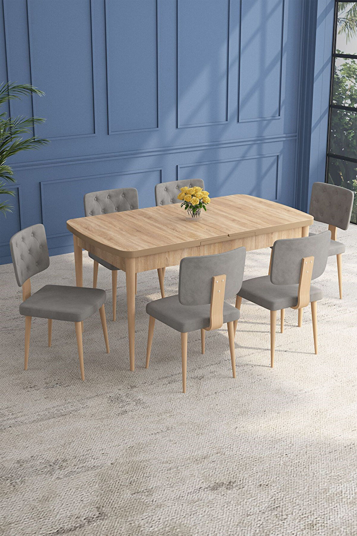 Lars Meşe 80x132 Açılabilir Mdf Masa Yemek Odası Takımı,Mutfak Takımı 6 Adet Sandalye