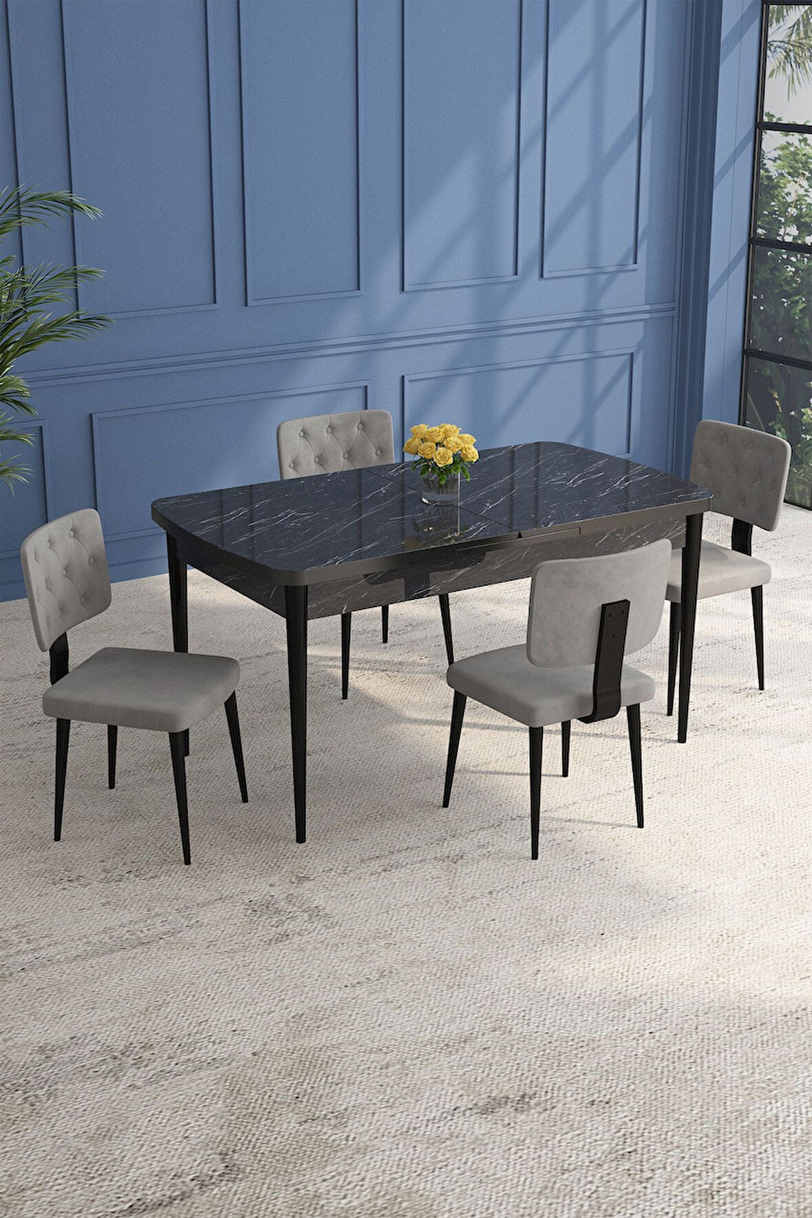 Lars Siyah Mermer 80x132 Açılabilir Mdf Masa Yemek Odası Takımı,Mutfak Takımı 4 Adet Sandalye