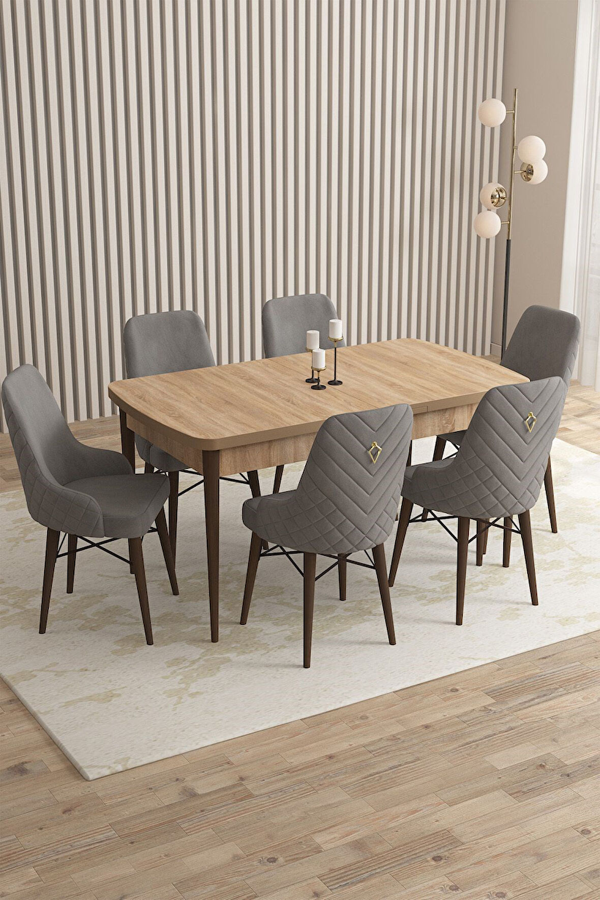 Mazaka Meşe Desen 80x132 Açılabilir Mdf Masa Yemek Odası Takımı, Mutfak Takımı 6 Adet Sandalye 