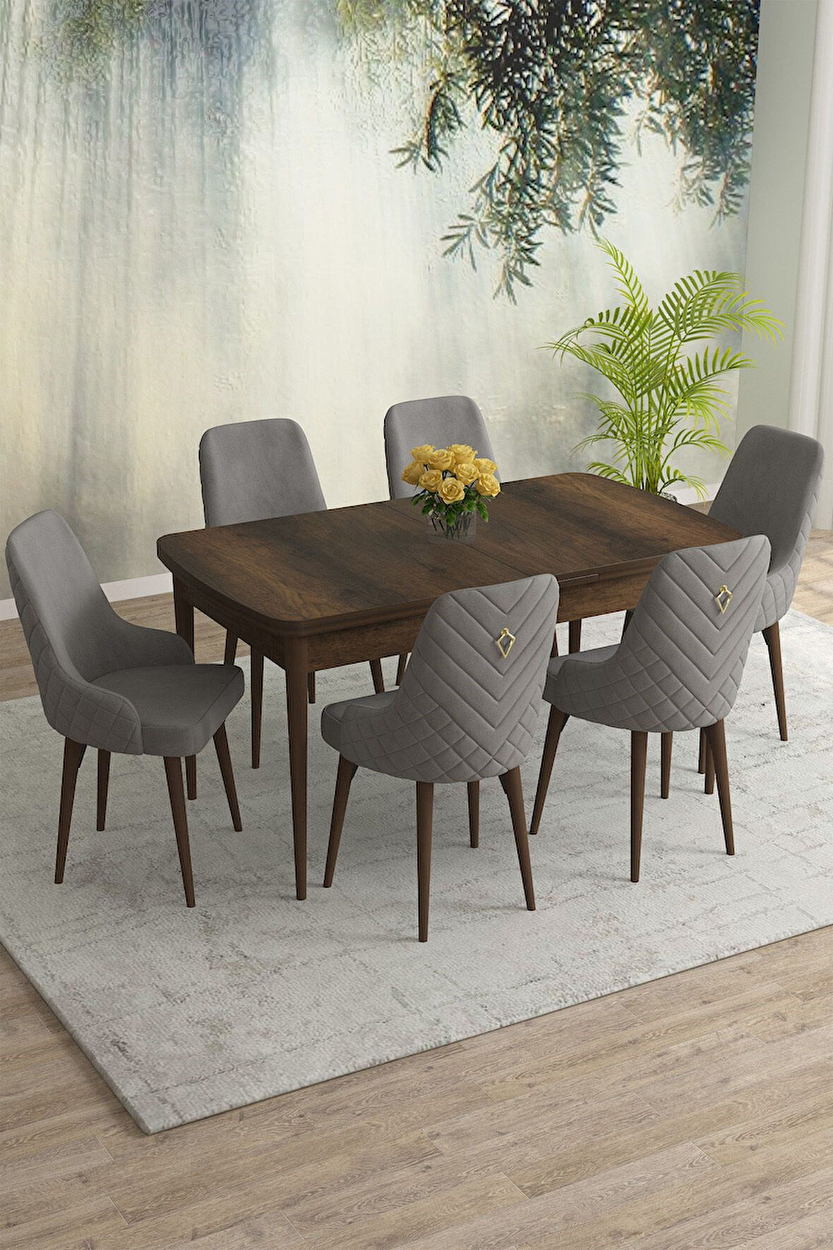 Meri Serisi Barok 80x132 Açılabilir Mdf Masa Yemek Odası Takımı, Mutfak Takımı 6 Adet Sandalye