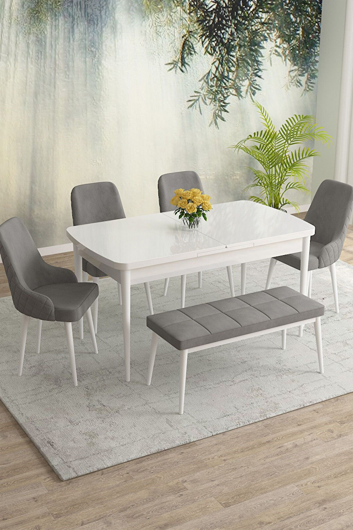 Meri Serisi Beyaz 80x132 Açılabilir Mdf Masa Yemek Odası Takımı,Mutfak Masa Takımı 4 Sandalye 1Bench